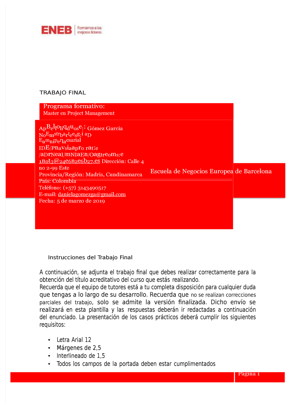empresarial - TRABAJO FINAL Programa formativo: en Project Management ApBellol - Studocu