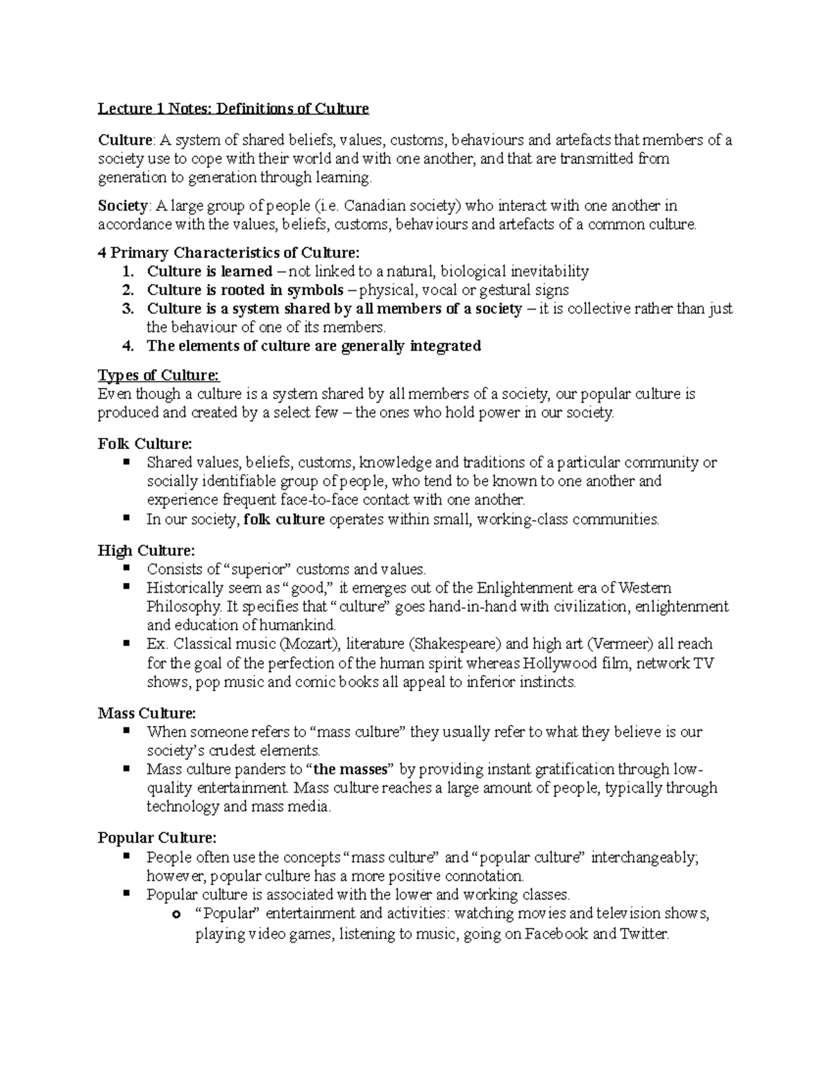 SOC202 Lecture Notes - Lecture 1 Notes: Definitions of Culture Culture ...