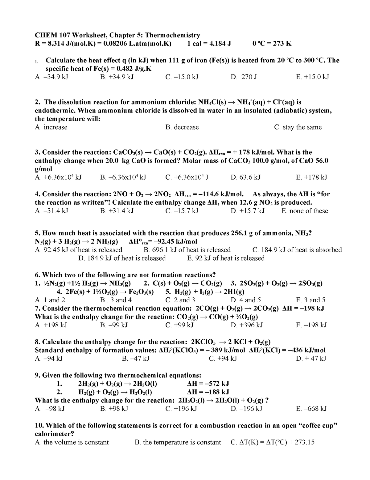 WS CH5 - Course Work - CHEM 107 Worksheet, Chapter 5: Thermochemistry R ...