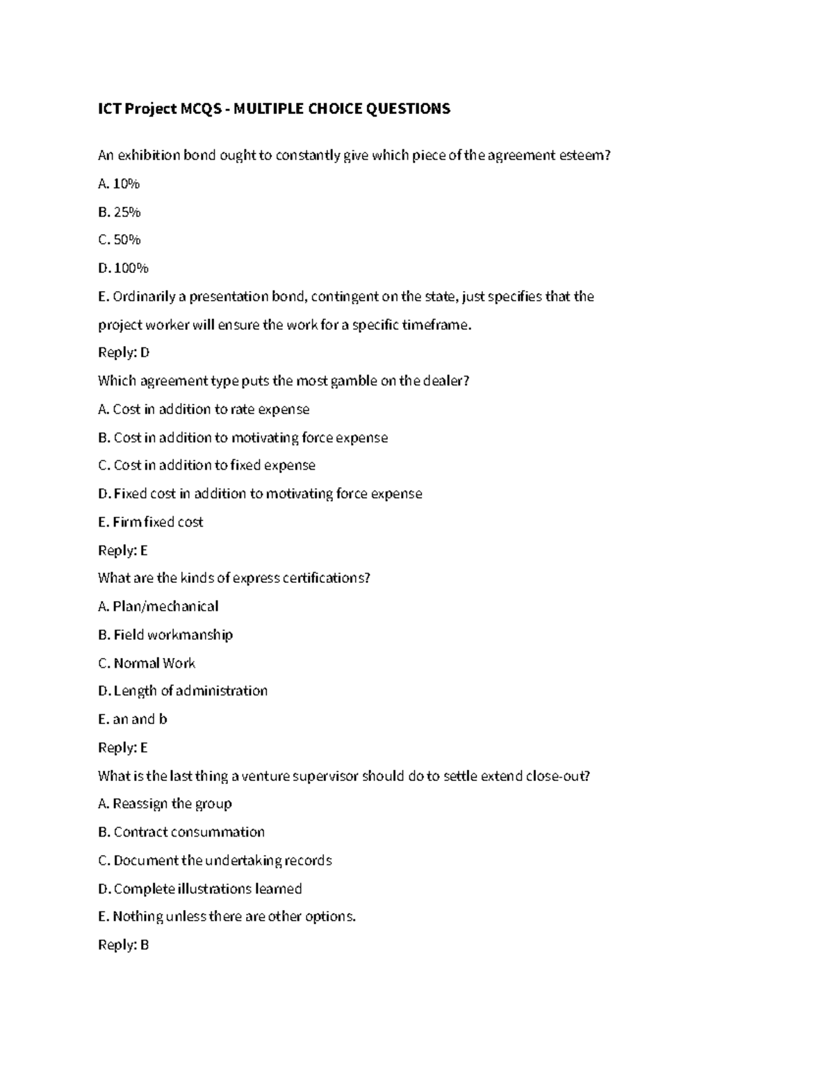 ICT Project MCQS - Multiple Choice Questions - INFO 6560 - Dal - Studocu