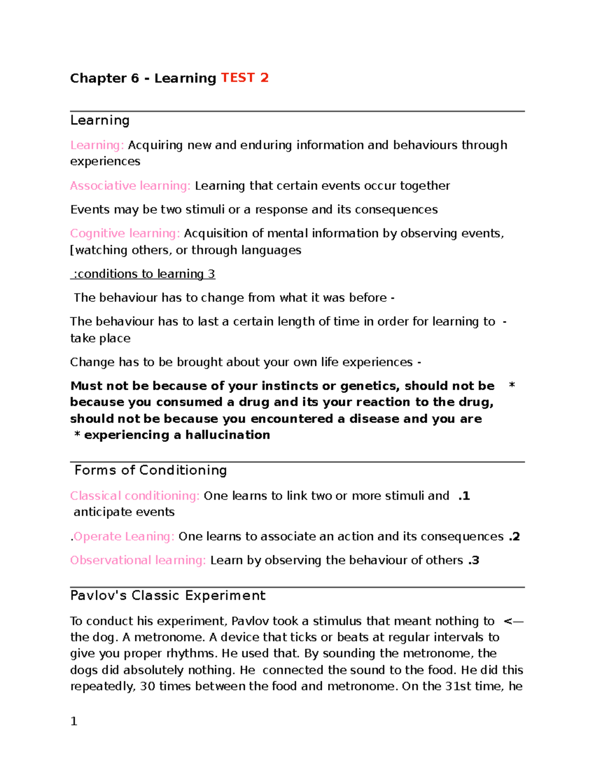 Psychology Chapter 5 Notes - Chapter 6 - Learning TEST 2 Learning ...