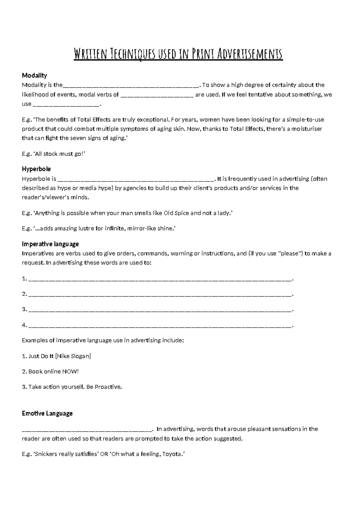 5. Written Techniques Cloze - Written Techniques used in Print ...