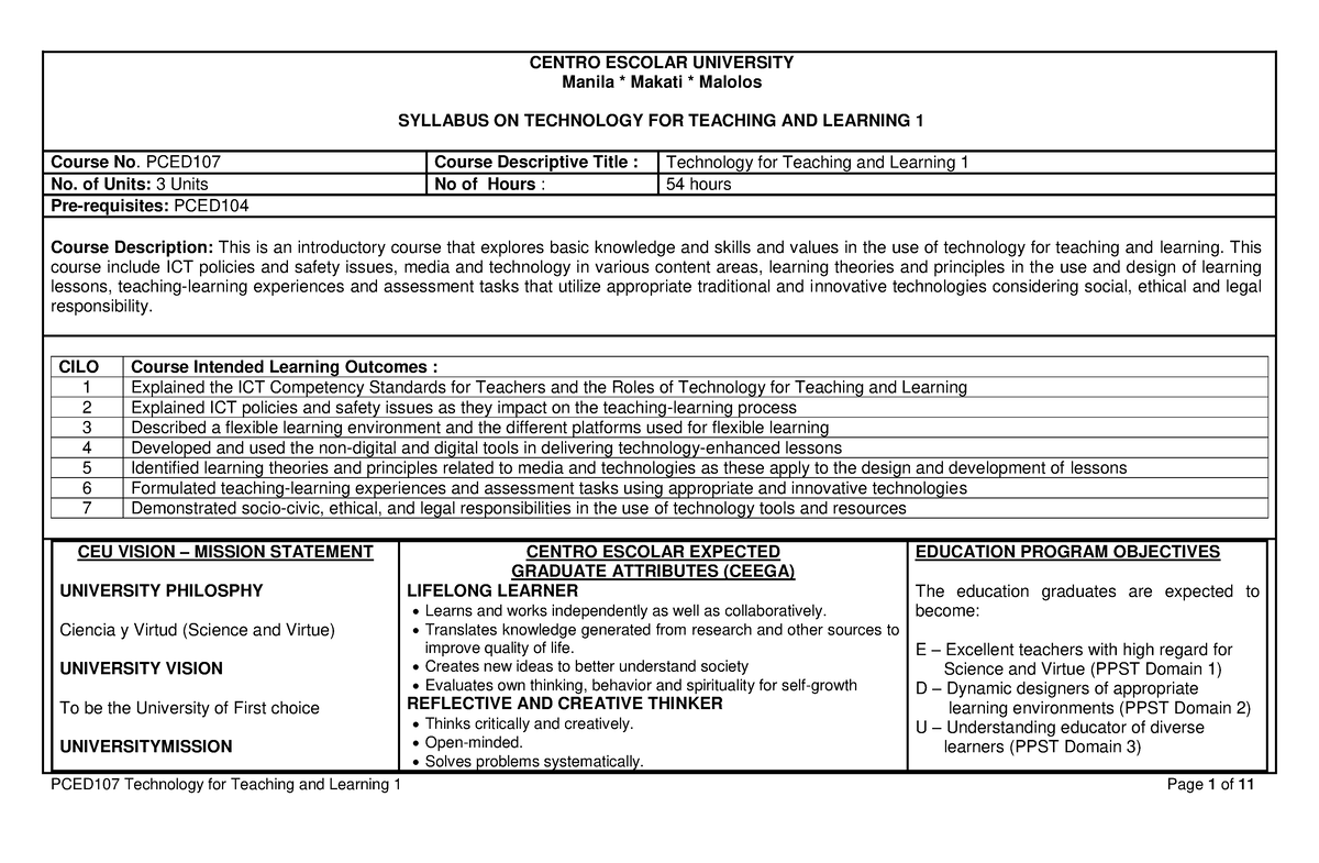 Sample syllabus Technology for Teaching and Learning 1 - CENTRO ESCOLAR ...