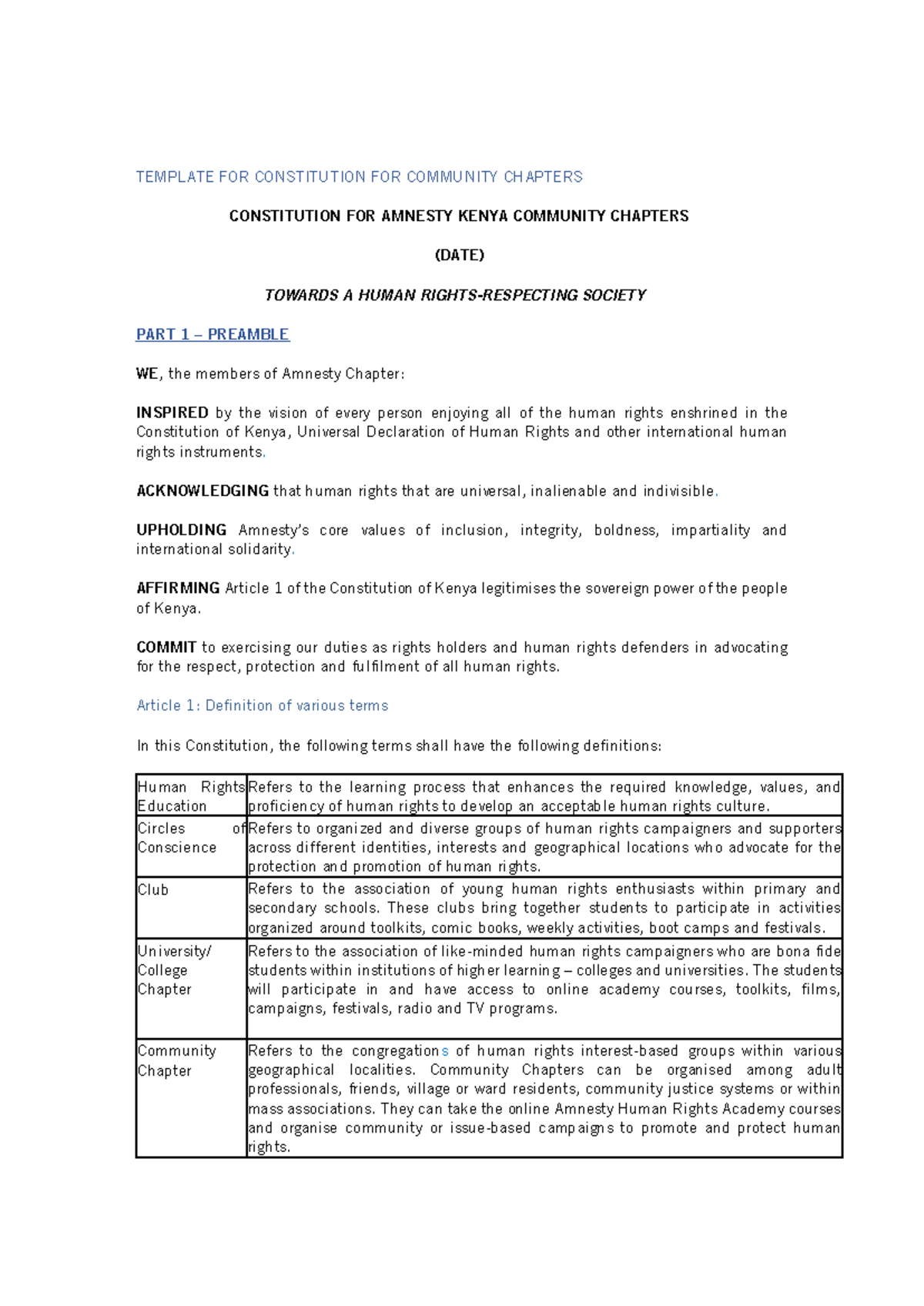 Constitution Template - TEMPLATE FOR CONSTITUTION FOR COMMUNITY ...