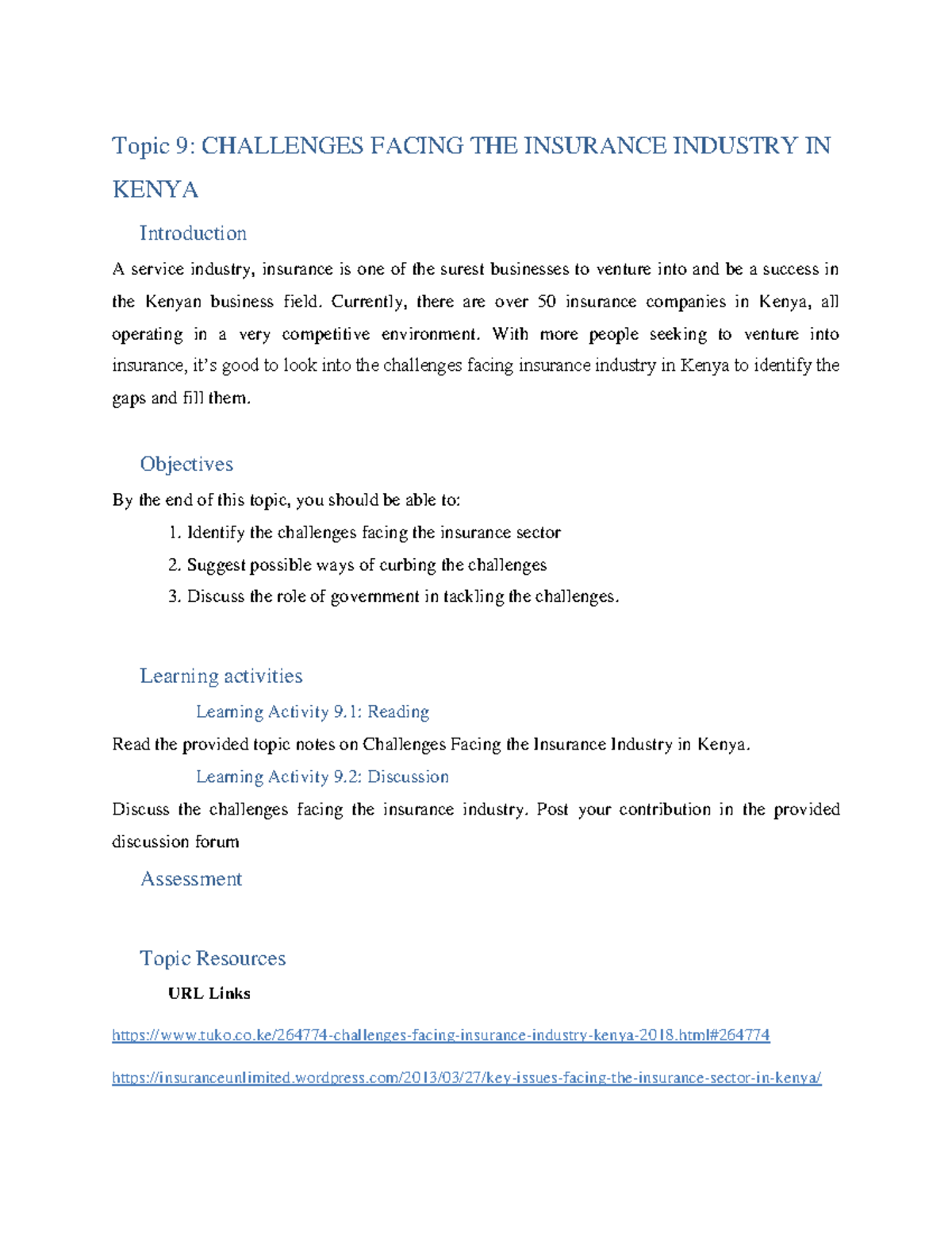 Topic 9. Challenges Facing the Insurance Industry in Kenya Topic 9