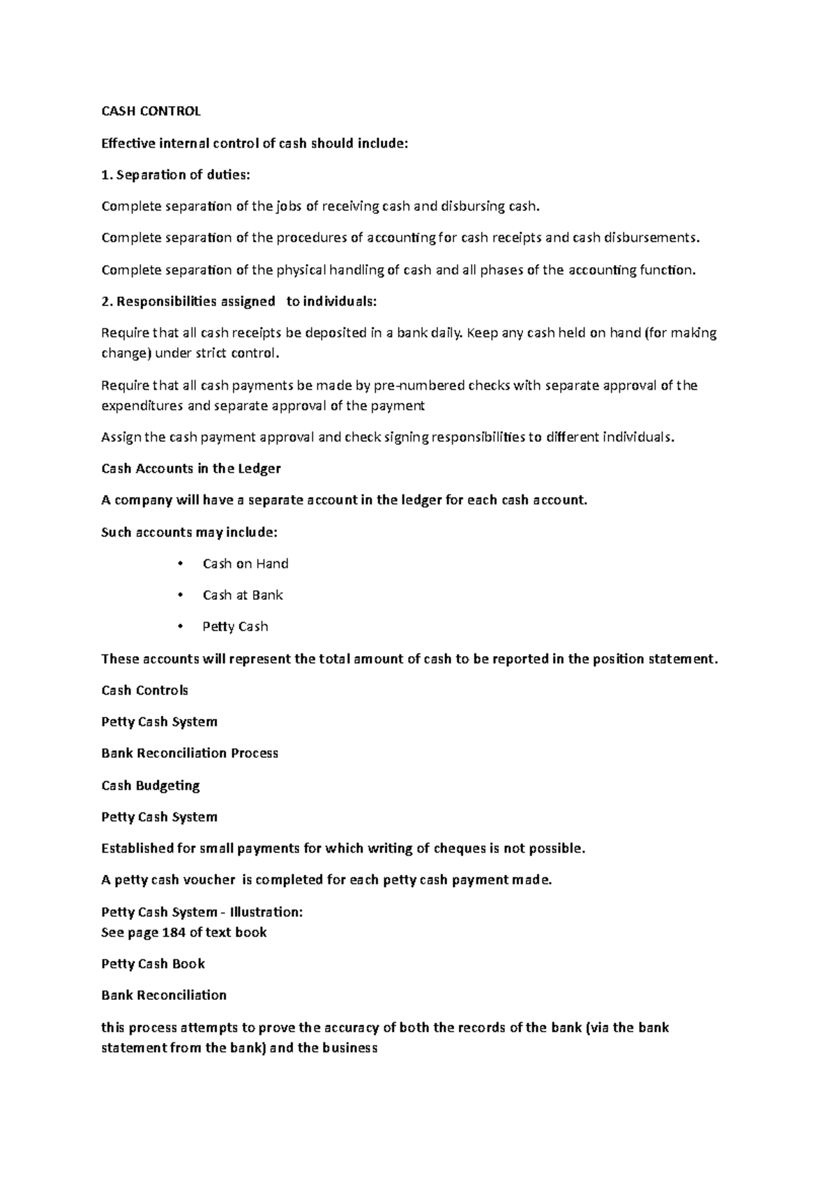 Cash Control 2 LECTURE NOTES CASH CONTROL Effective internal