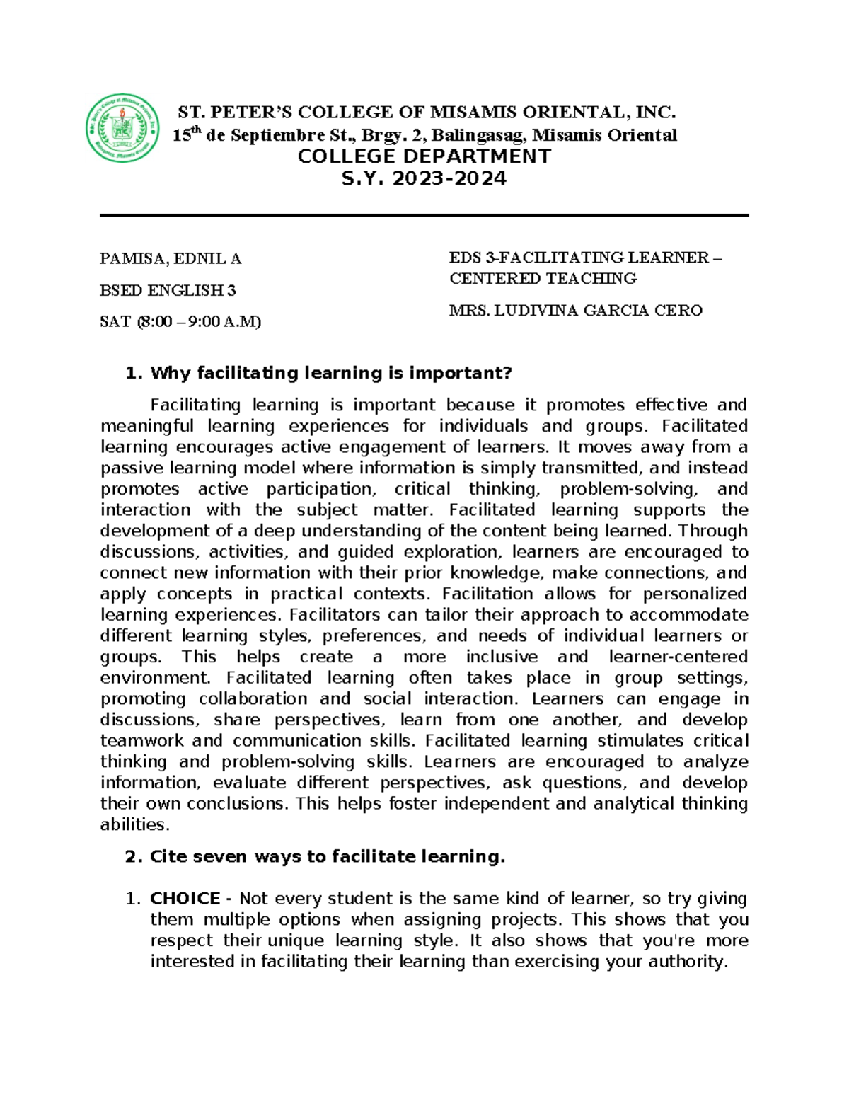Ednil A. Pamisa Mid Term EDS 3- Facilitating Learner – Centered ...