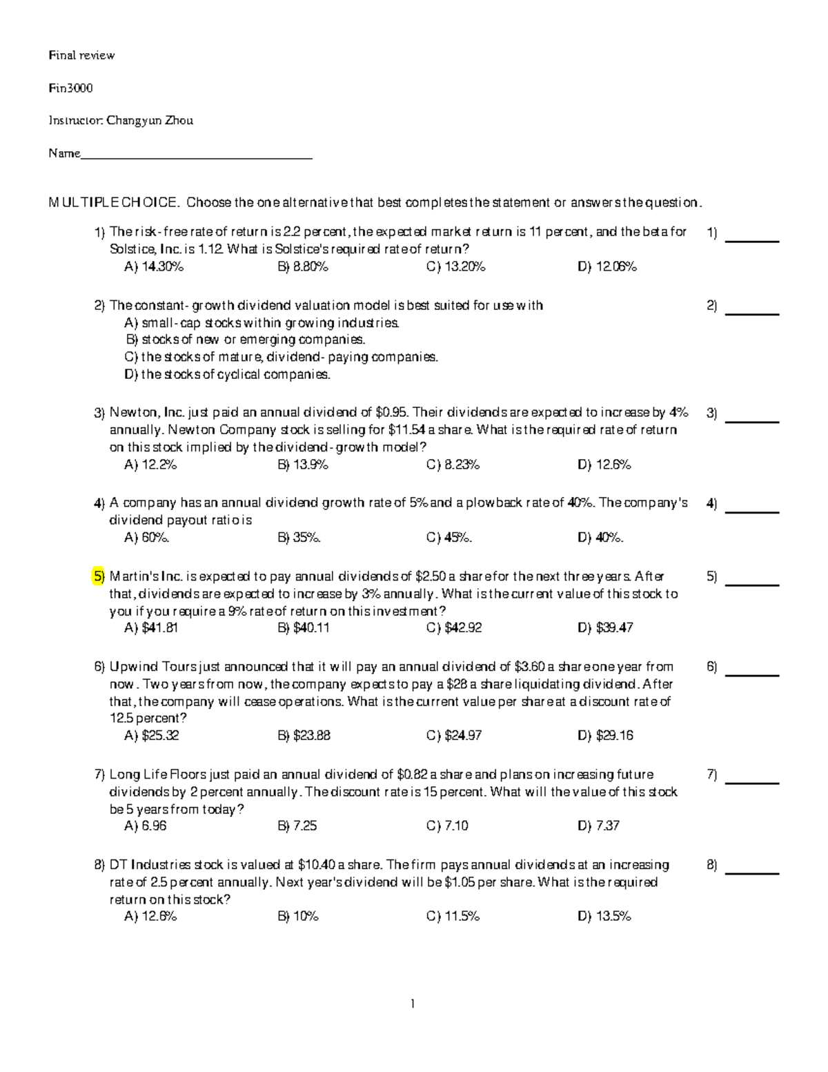 Final review Spring 2019 - Final review Fin3000 Instructor: Changyun ...