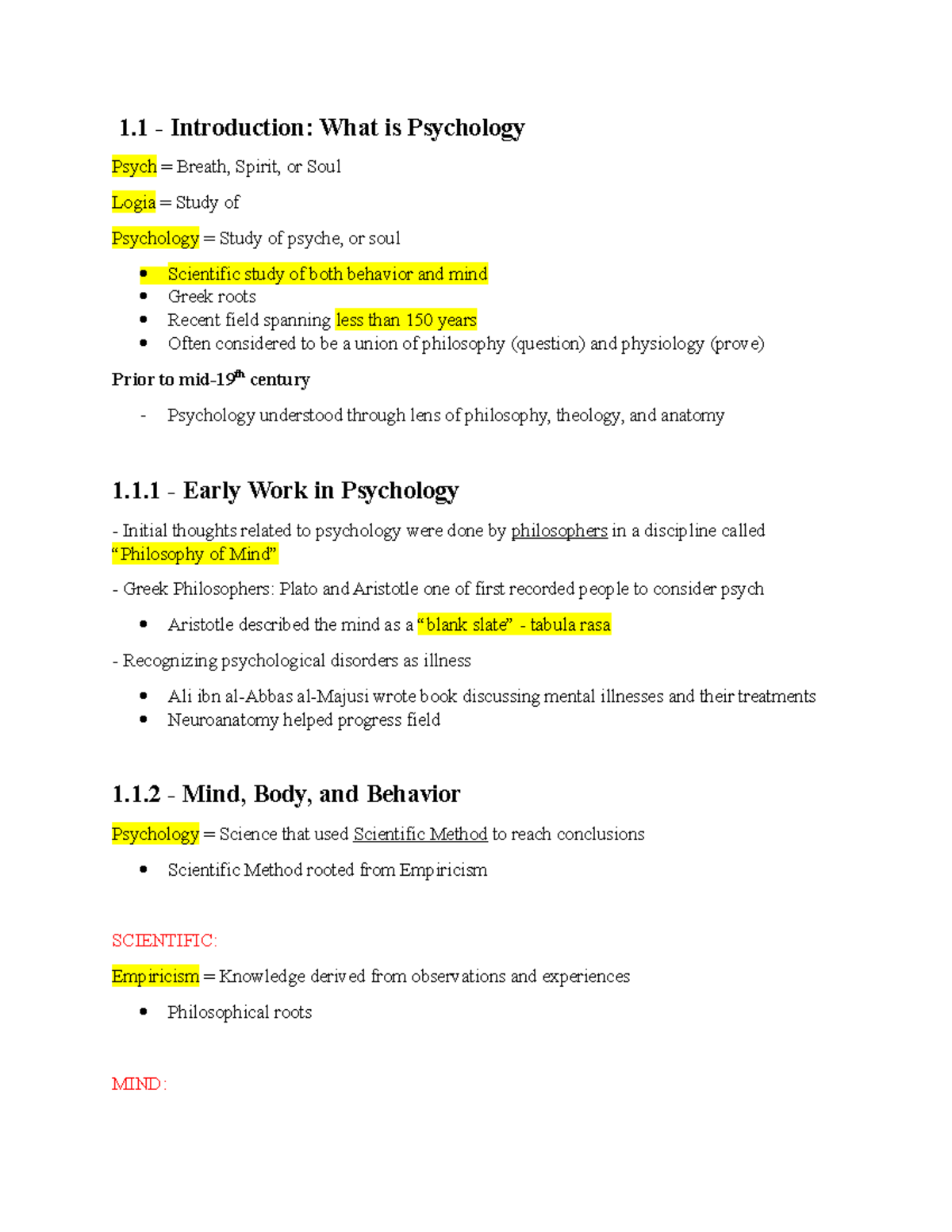 Ch.1 Notes - 1 - Introduction: What is Psychology Psych = Breath ...