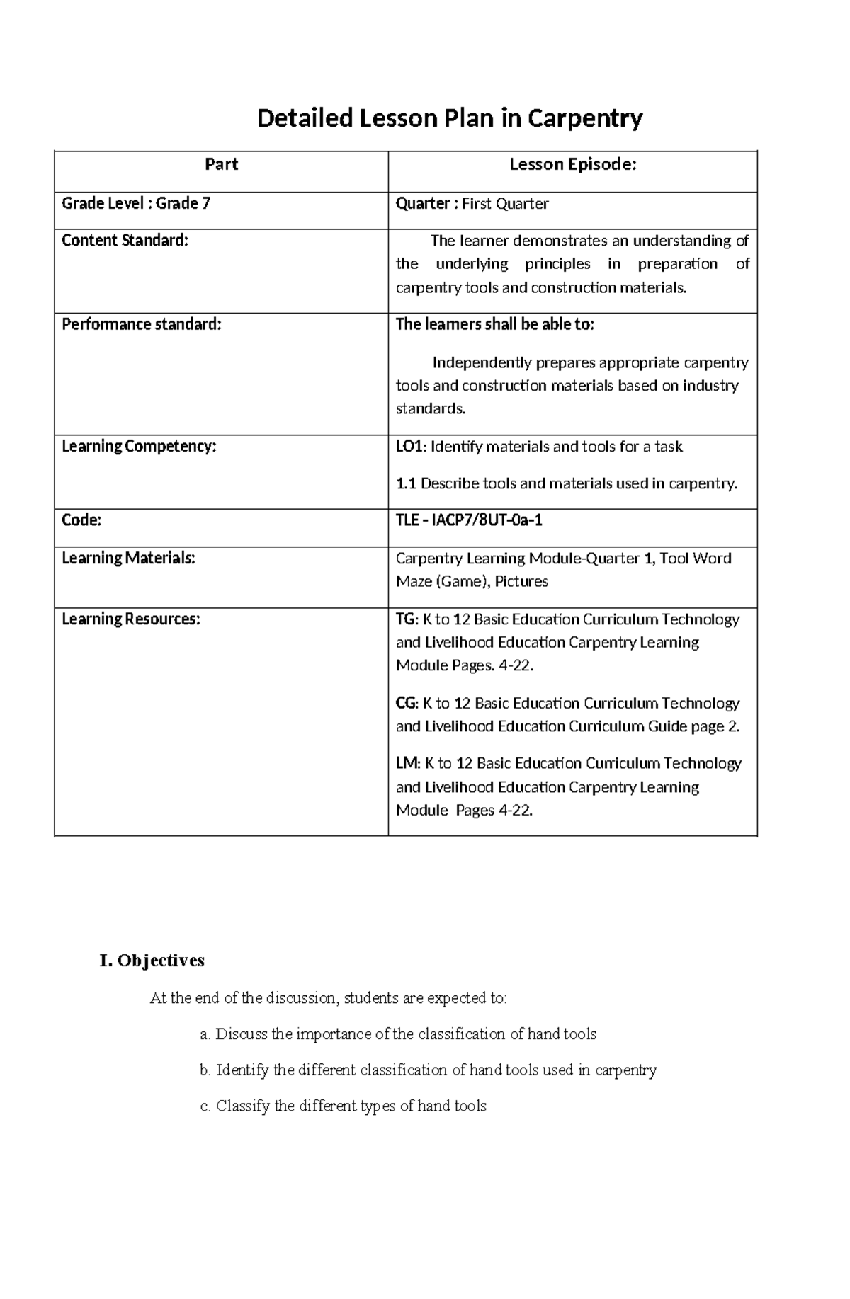 Detailed Lesson Plan Carpentry Dep Ed - Detailed Lesson Plan in ...