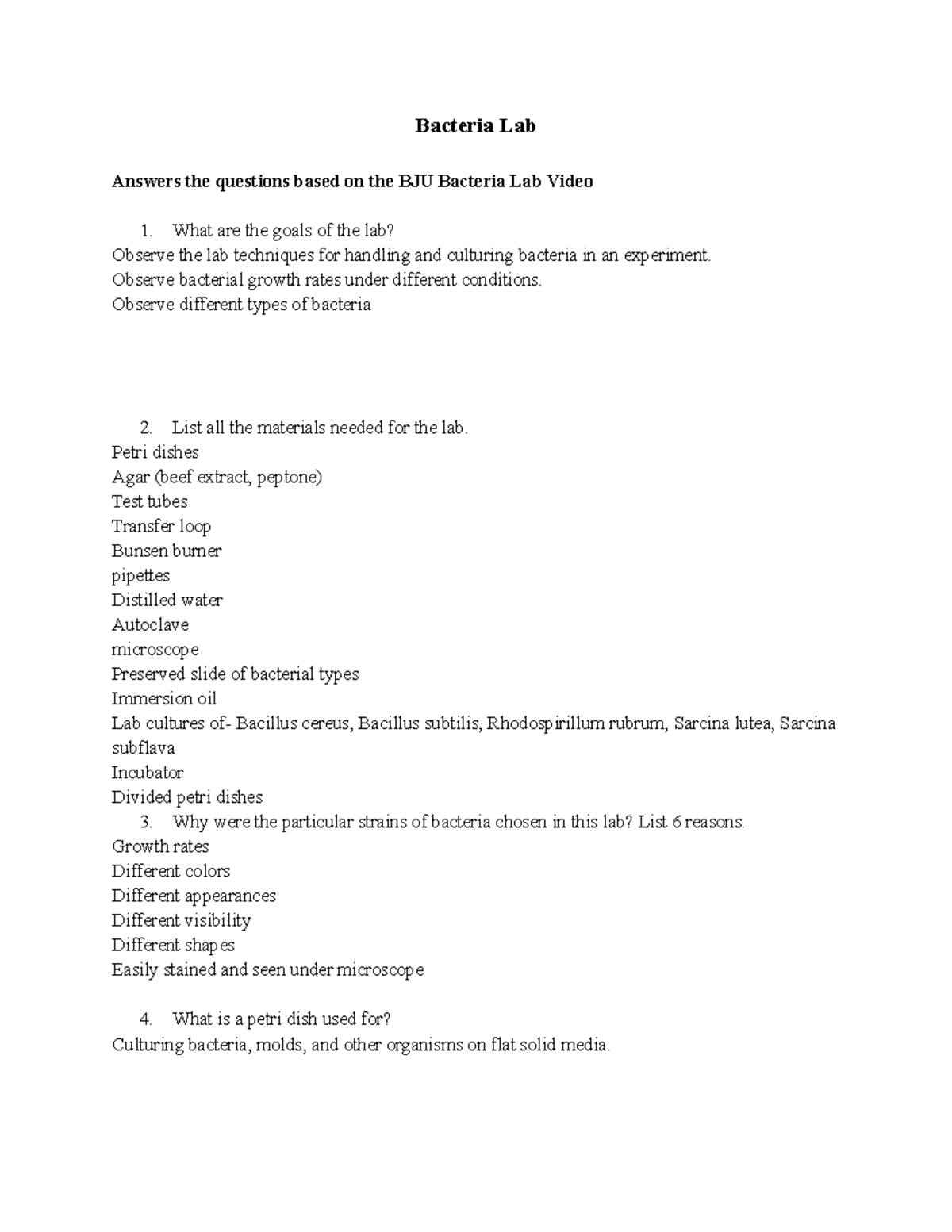 Bacteria Lab notes Bacteria Lab Answers the questions based on the