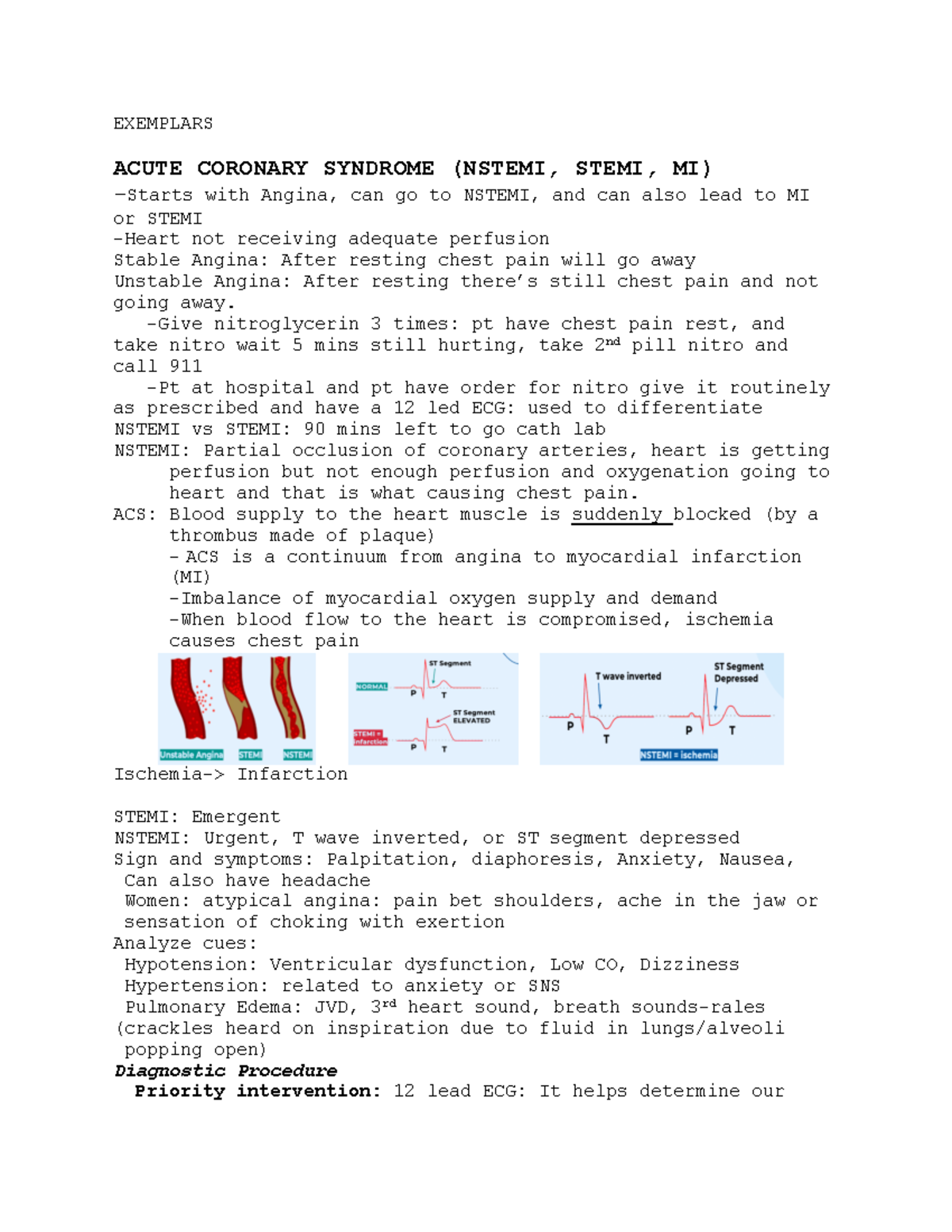 Test two - notes - EXEMPLARS ACUTE CORONARY SYNDROME (NSTEMI, STEMI, MI ...