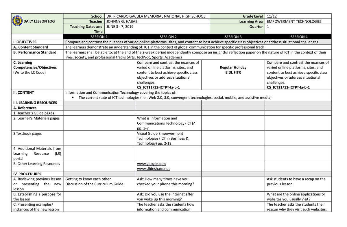 Dll Week1 Empowerment Technologies - Daily Lesson Log School Dr 