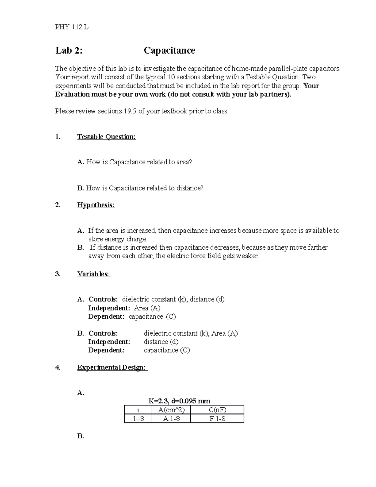 Phy112l Lab2 Capacitance Lab 2 Capacitance The Objective Of This Lab Is To Investigate The 5914