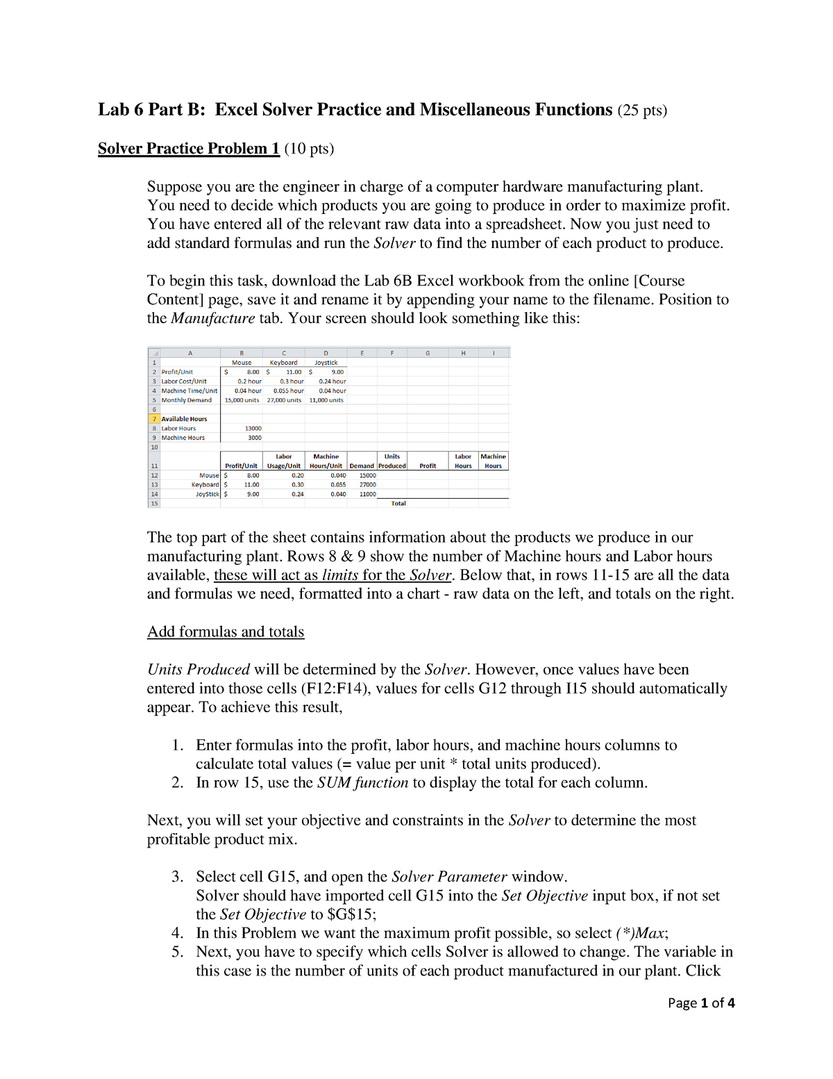 6b Lab 6 B Excel Solver Assignment - Lab 6 Part B: Excel Solver ...