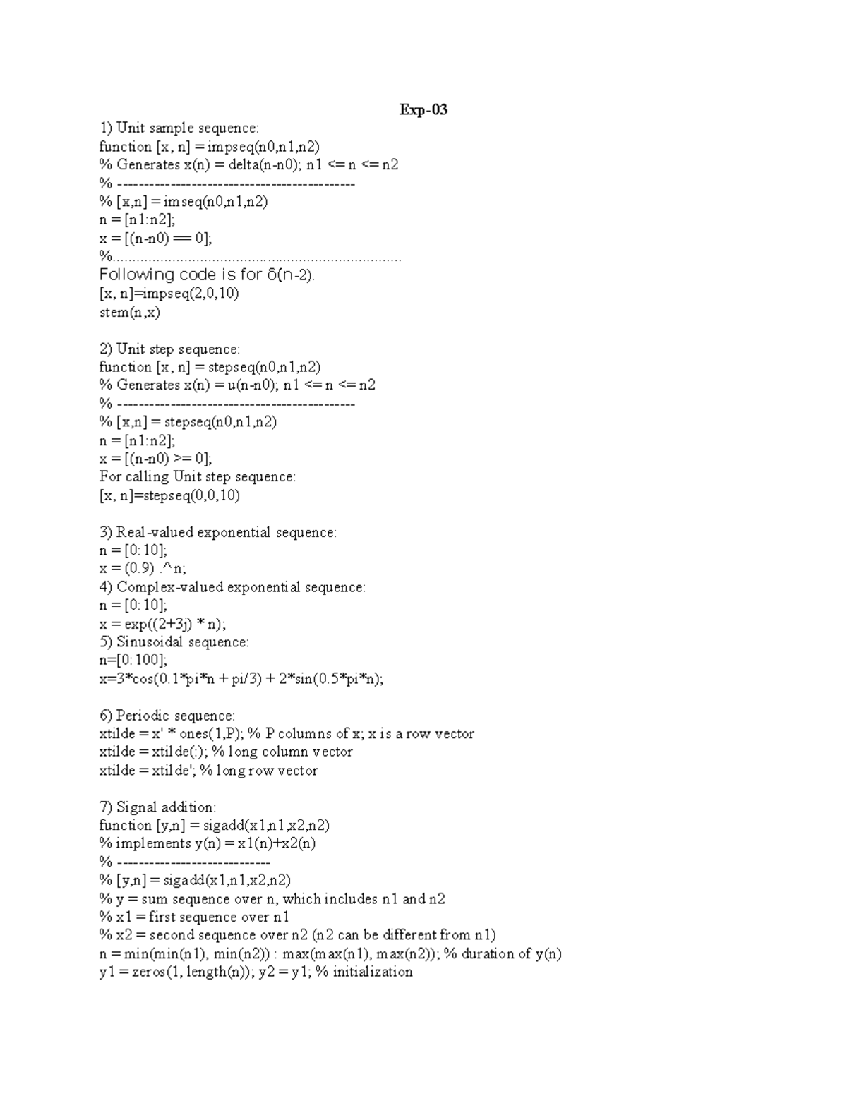 DSP Lab codes Exp-03-Su-20 - Exp- Unit sample sequence: function [x, n ...