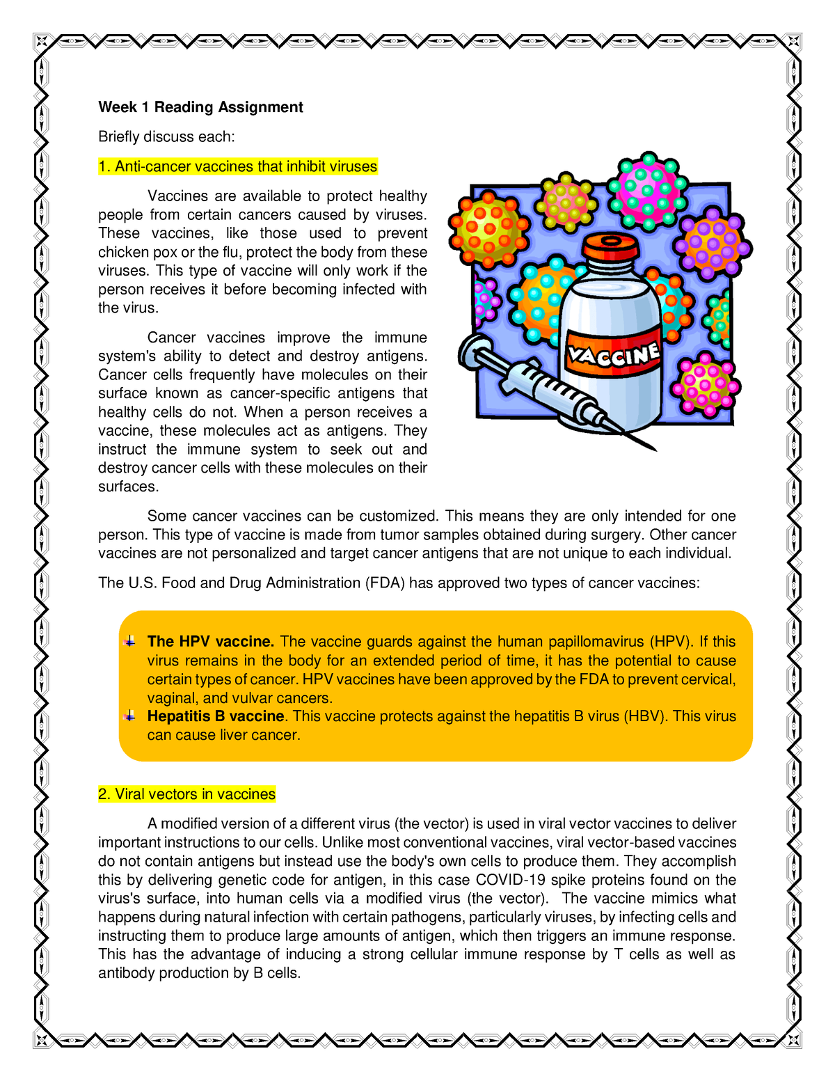 Reading Assignment- Virology - Week 1 Reading Assignment Briefly Discuss Each: Anti-cancer ...