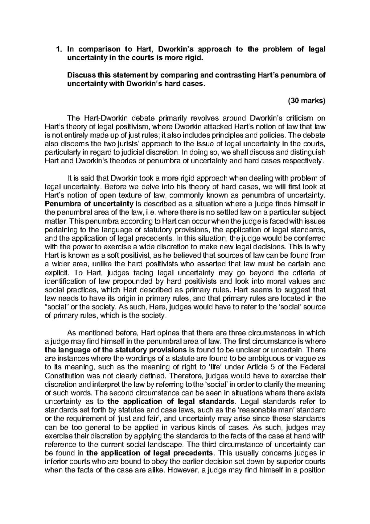 LIA3001 Dworkin vs Hart 1. In comparison to Hart, Dworkin’s