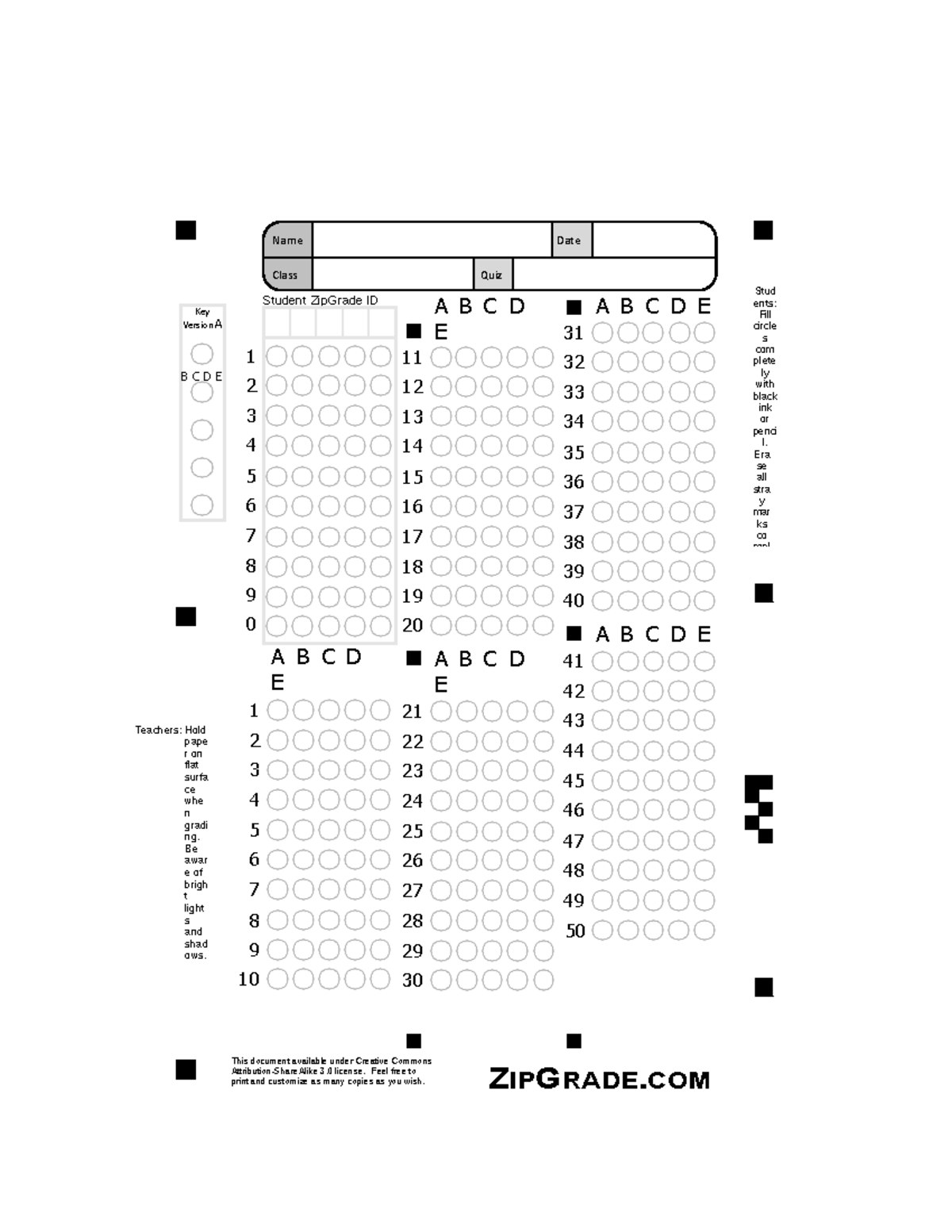 Zip Grade 50Question V 2 - Student ZipGrade ID 1 2 3 4 5 6 7 8 9 0 A B ...