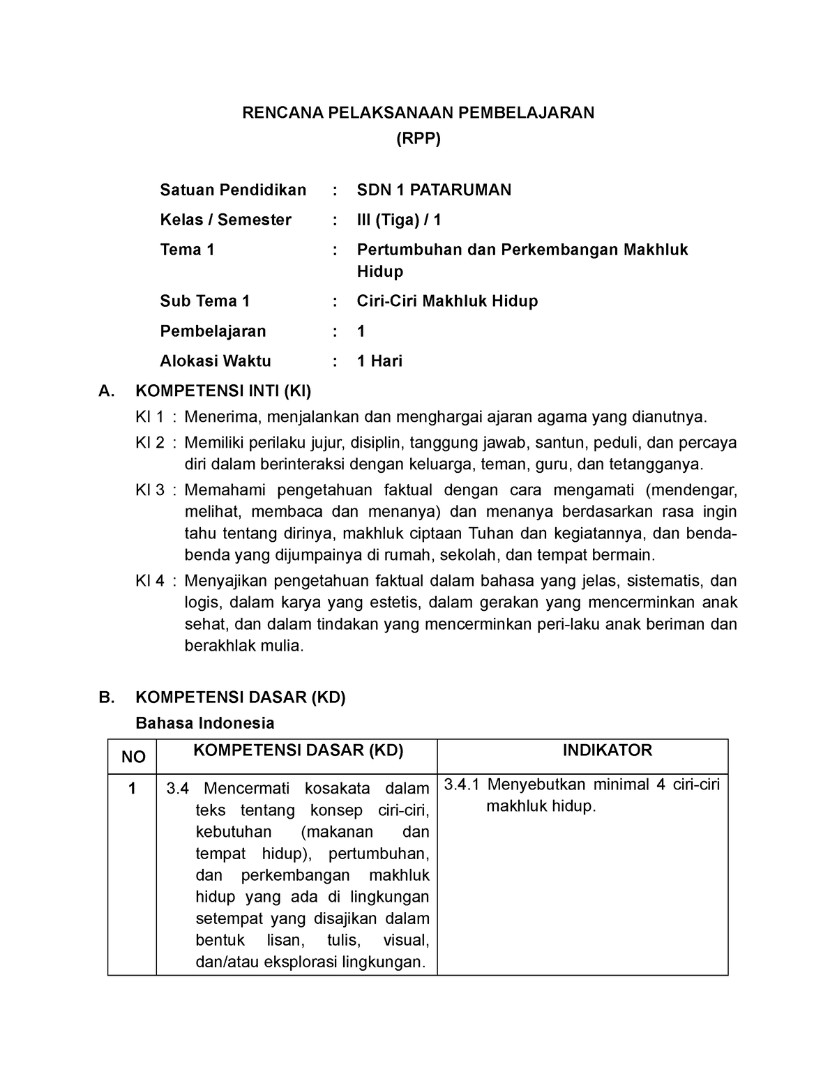 RPP 1 - RENCANA PELAKSANAAN PEMBELAJARAN (RPP) Satuan Pendidikan : SDN ...