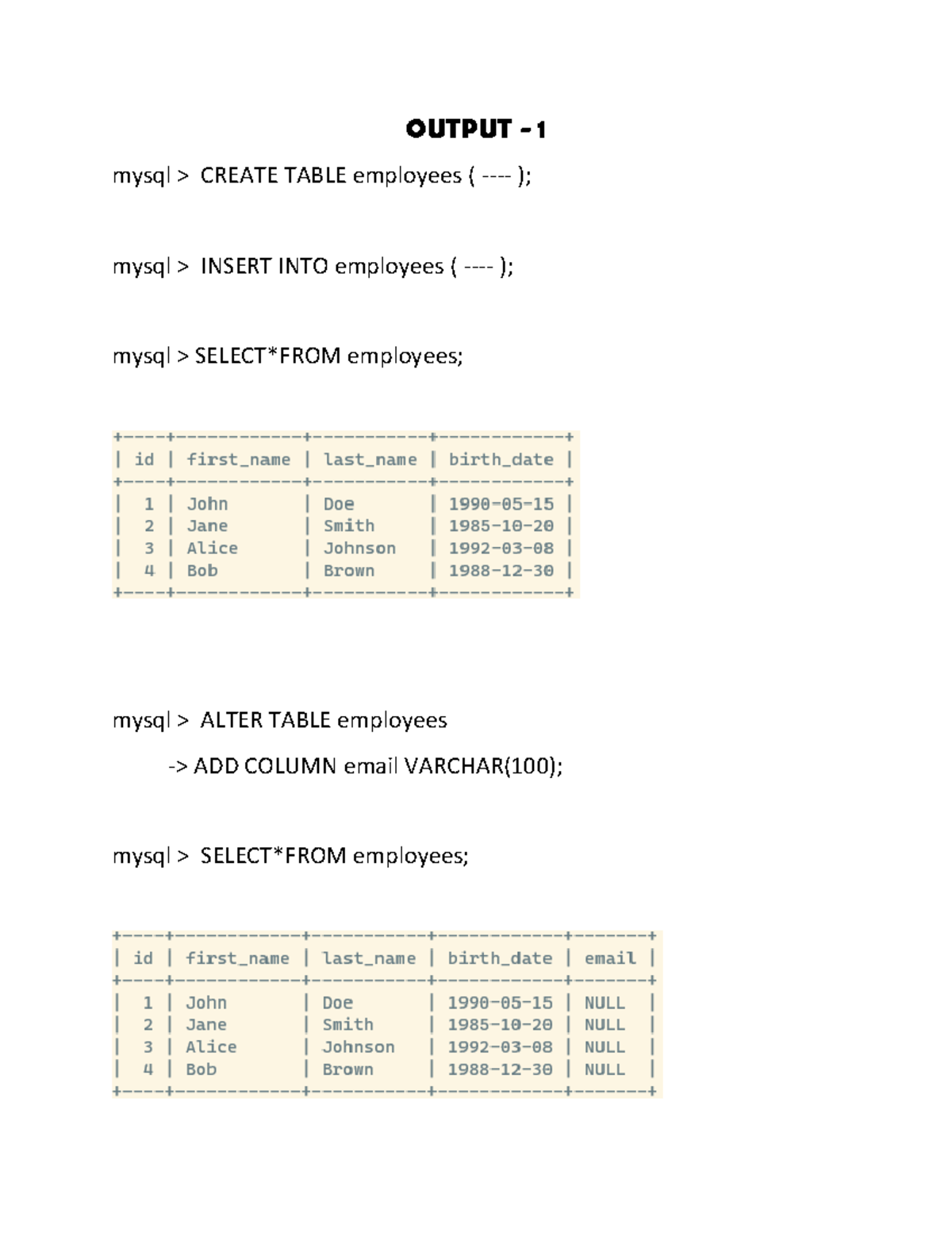 Dbms outputs - output - OUTPUT - 1 mysql > CREATE TABLE employees ...