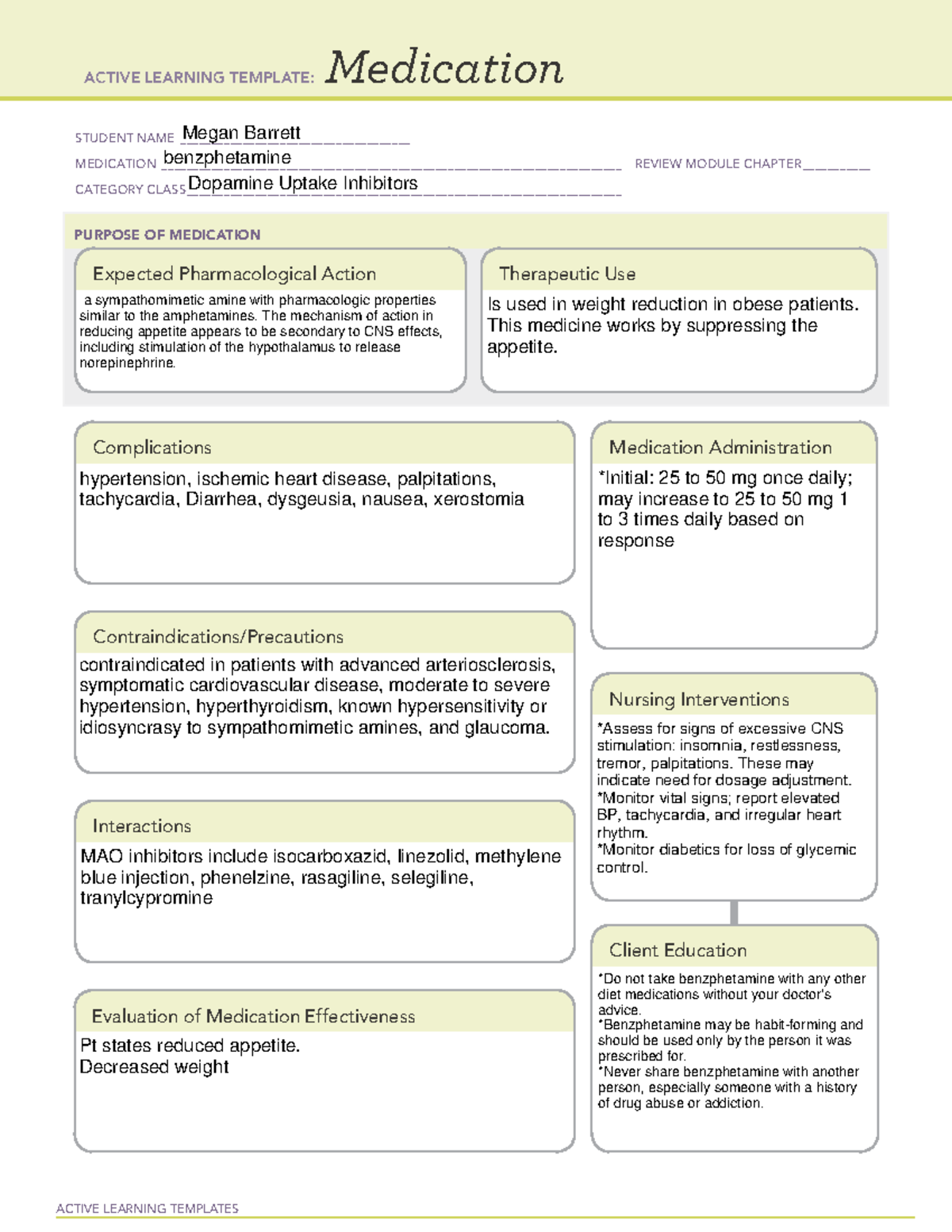 Benzphetamine - ACTIVE LEARNING TEMPLATES Medication STUDENT NAME - Studocu