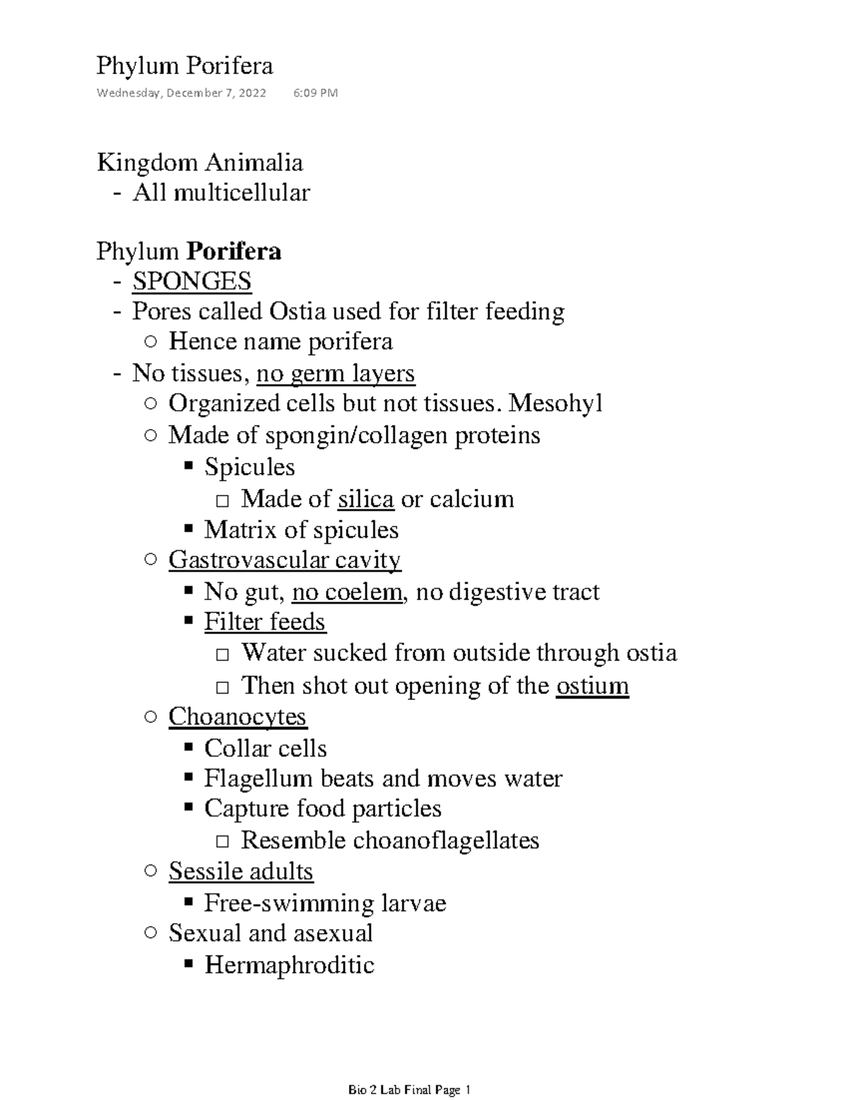 Bio 2 Lab Final Kingdom Animalia All multicellular Phylum Porifera