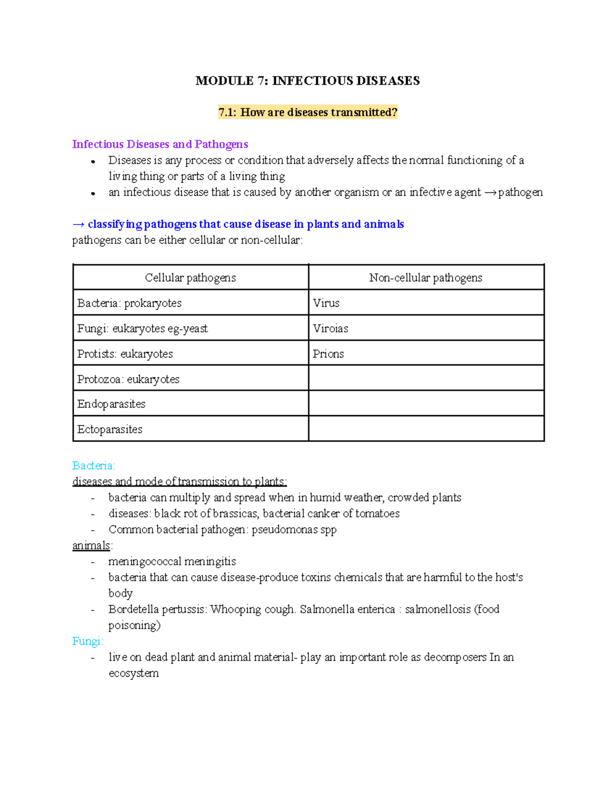 BIO MOD 7 Notes - MODULE 7: INFECTIOUS DISEASES 7: How Are Diseases ...