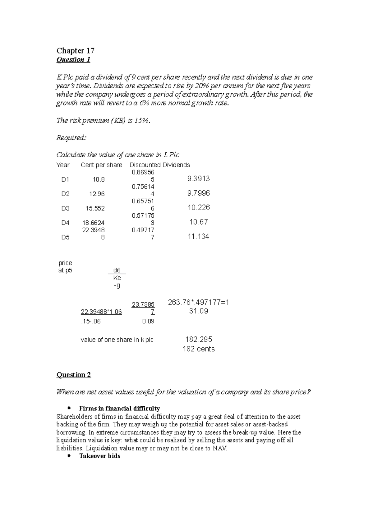 Chapter 17 theory Qs Chapter 17 Question 1 K Plc paid a dividend of 9