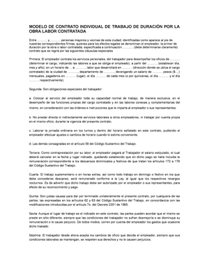 Contrato Obra labor - MODELO DE CONTRATO INDIVIDUAL DE TRABAJO DE POR LA OBRA  LABOR CONTRATADA Entre - Studocu