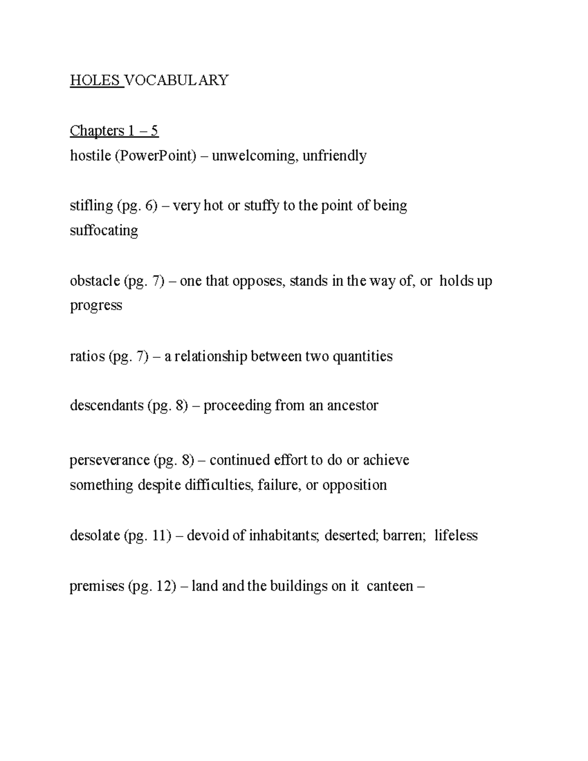 HolesVocabulary work HOLES VOCABULARY Chapters 1 5hostile