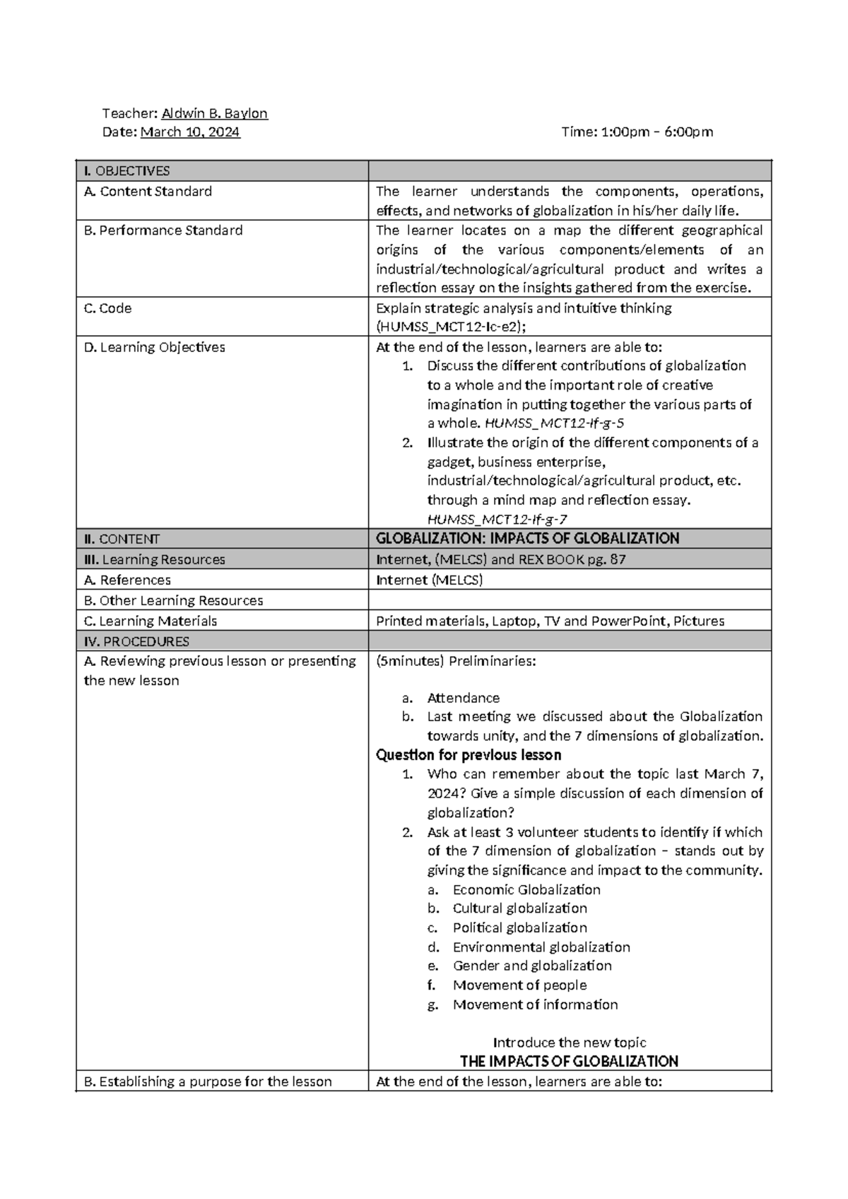 Lesson PLAN FOR Impacts OF Globalization - Teacher: Aldwin B. Baylon ...