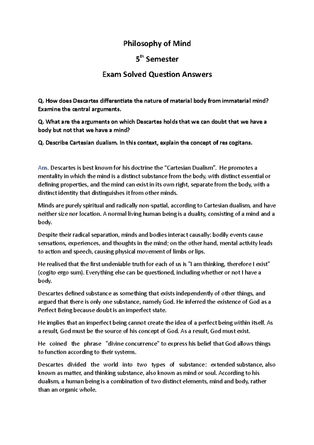 Philosophy Of Mind 5 Semester Solved Question Answers - Philosophy Of ...