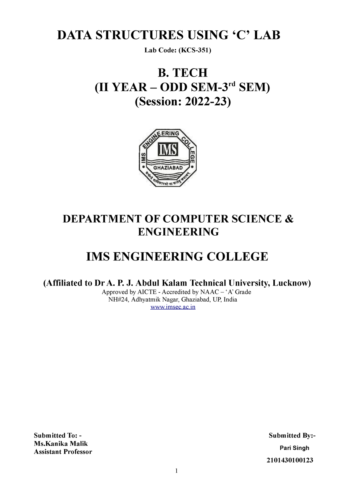 Data Structure Lab Manual(KCS 351) 1 DATA STRUCTURES USING ‘C’ LAB