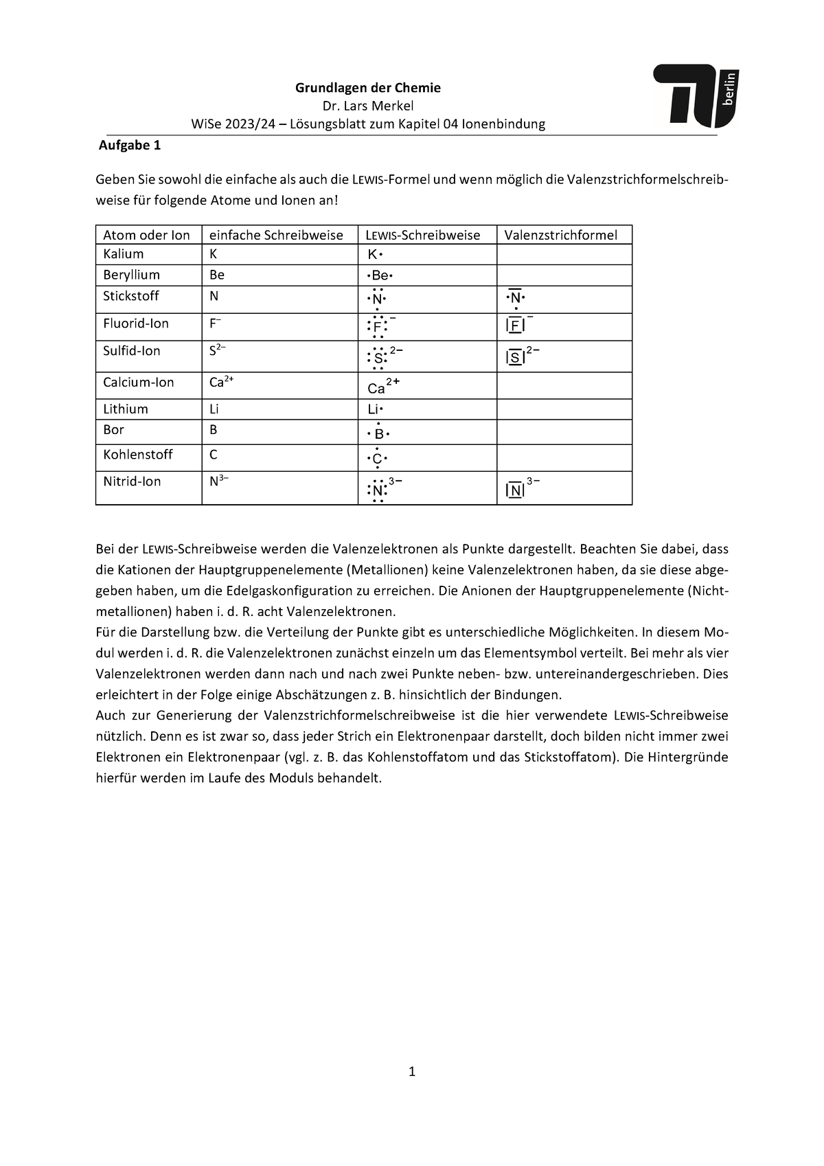 Ionenbindung Lsg - Dr. Lars Merkel WiSe 2023/24 – Lösungsblatt Zum ...