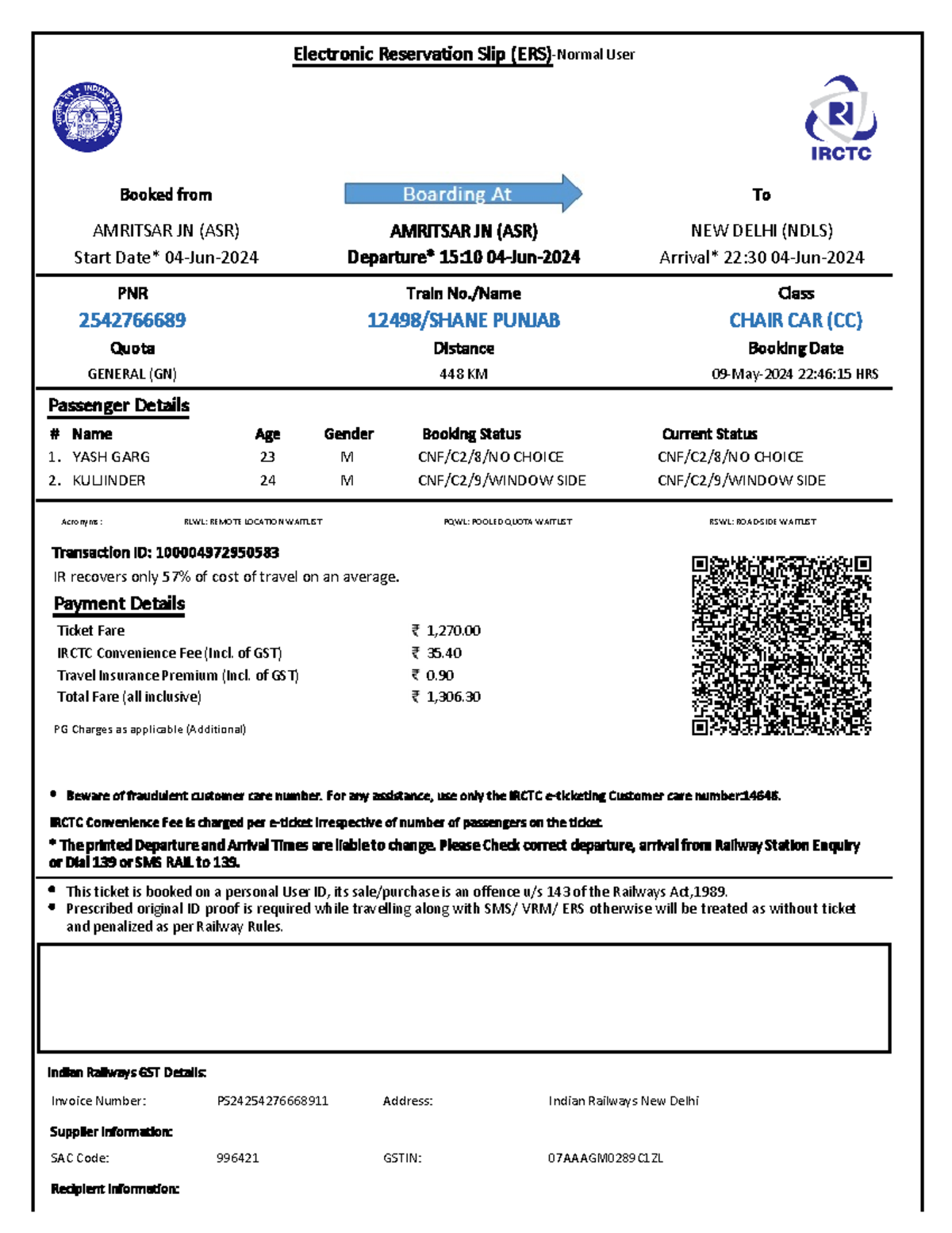 2542766689-1 - Electronic Reservation Slip (ERS)-Normal User Booked ...