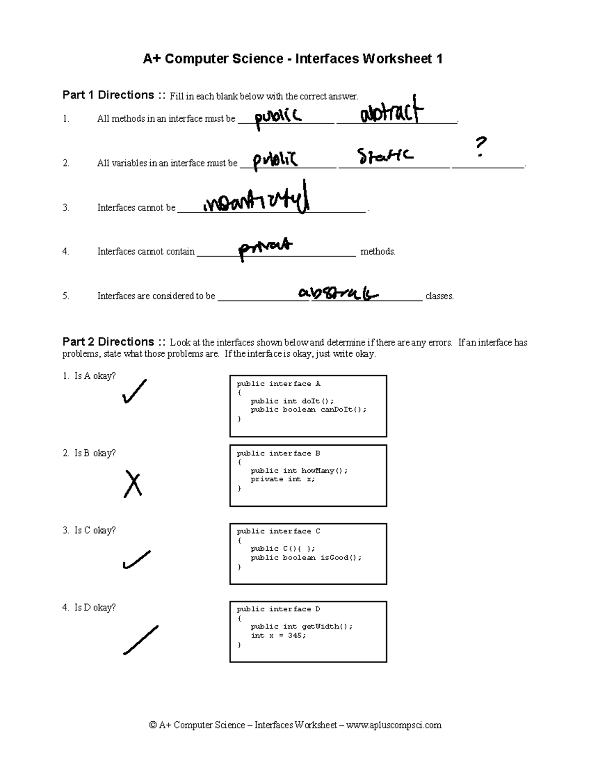 Interfaces Worksheet 1 Java Aplus Key A Computer Science Interfaces Worksheet 1 Java Aplus Key A Computer Science
