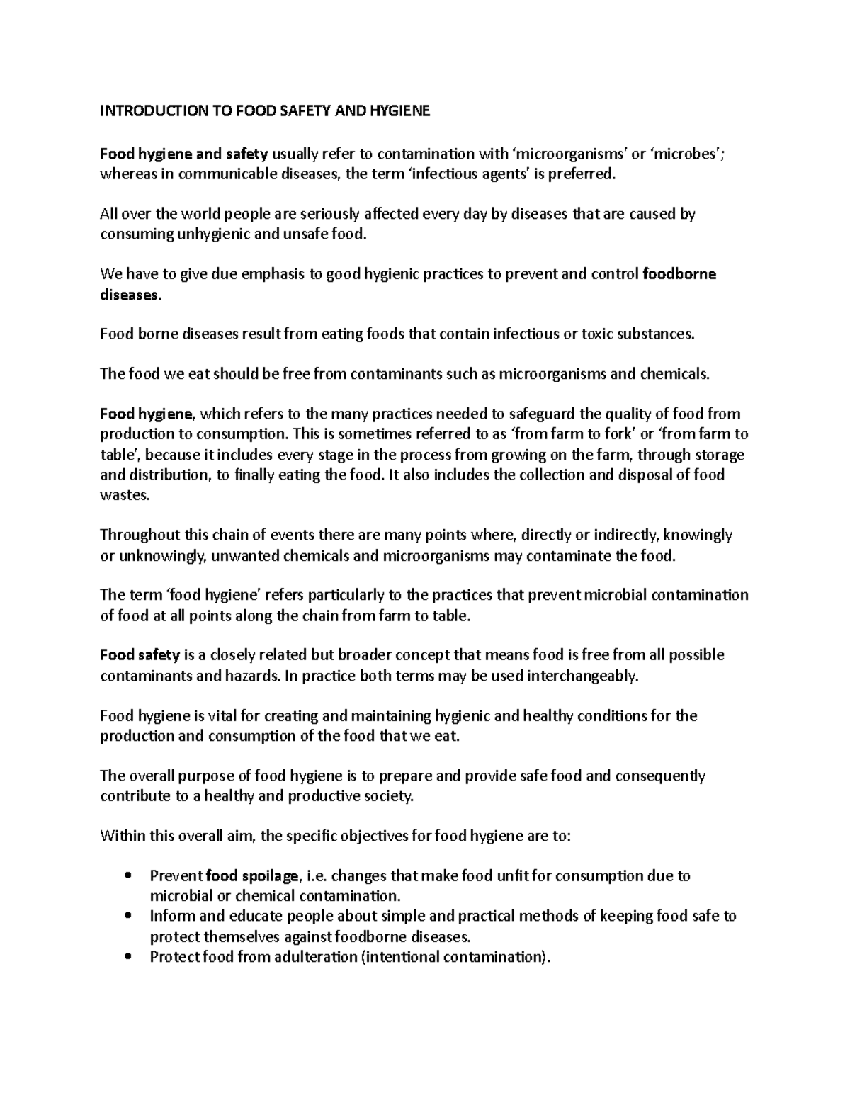 Food safety and hygiene - INTRODUCTION TO FOOD SAFETY AND HYGIENE Food ...
