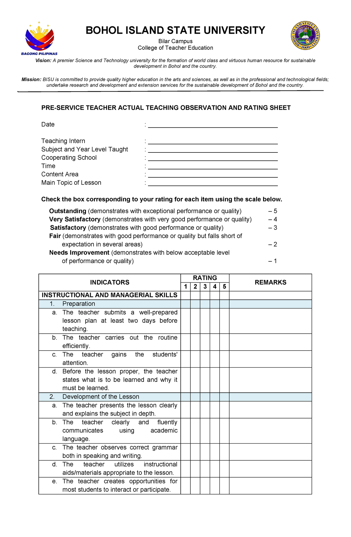 Rating Sheet Teaching Interns - Bilar Campus College Of Teacher 