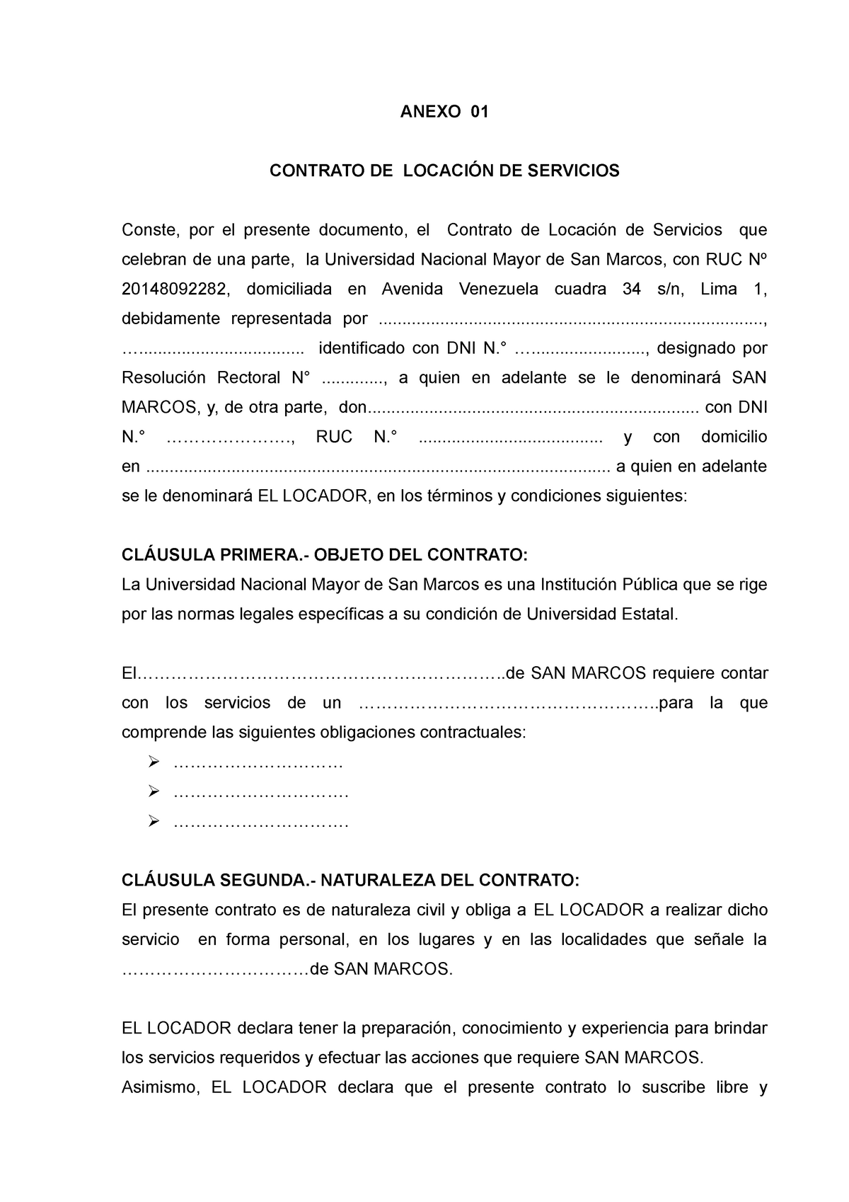 Ejemplo Locacion DE Servicio - ANEXO 01 CONTRATO DE LOCACIÓN DE SERVICIOS  Conste, por el presente - Studocu