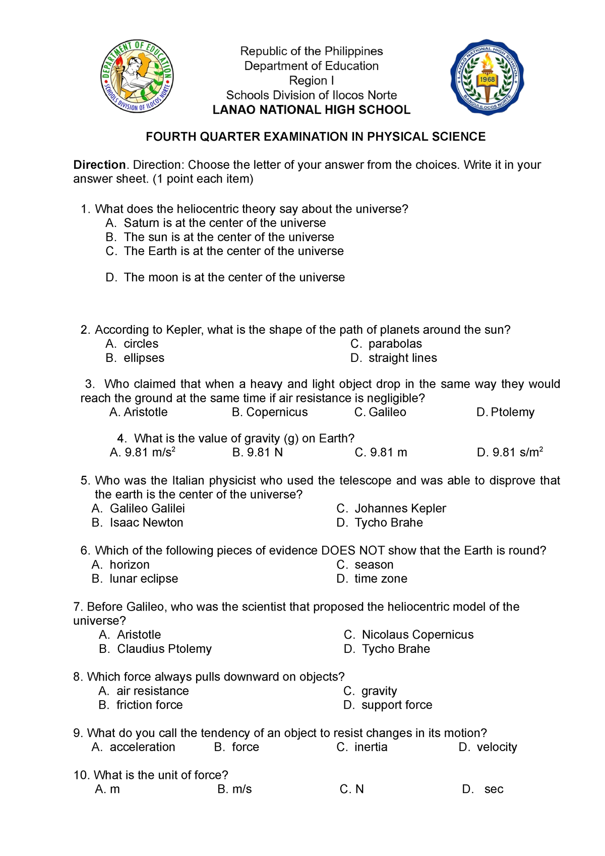 Physcie fourth quarter exam 50 items FOURTH QUARTER EXAMINATION IN