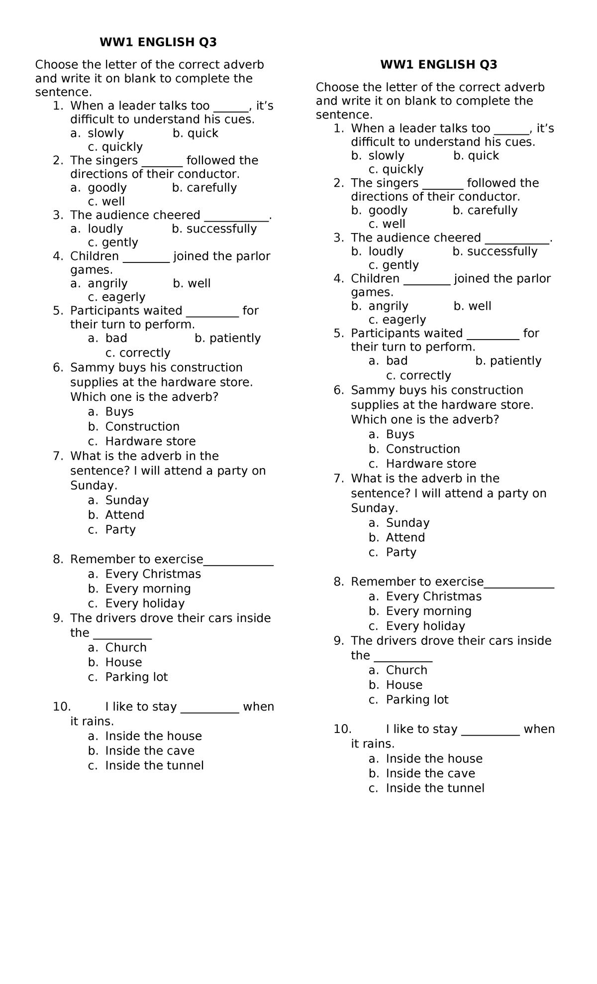 WW1 Englishq 3 - reviewer for english quarter 3 - WW1 ENGLISH Q Choose ...