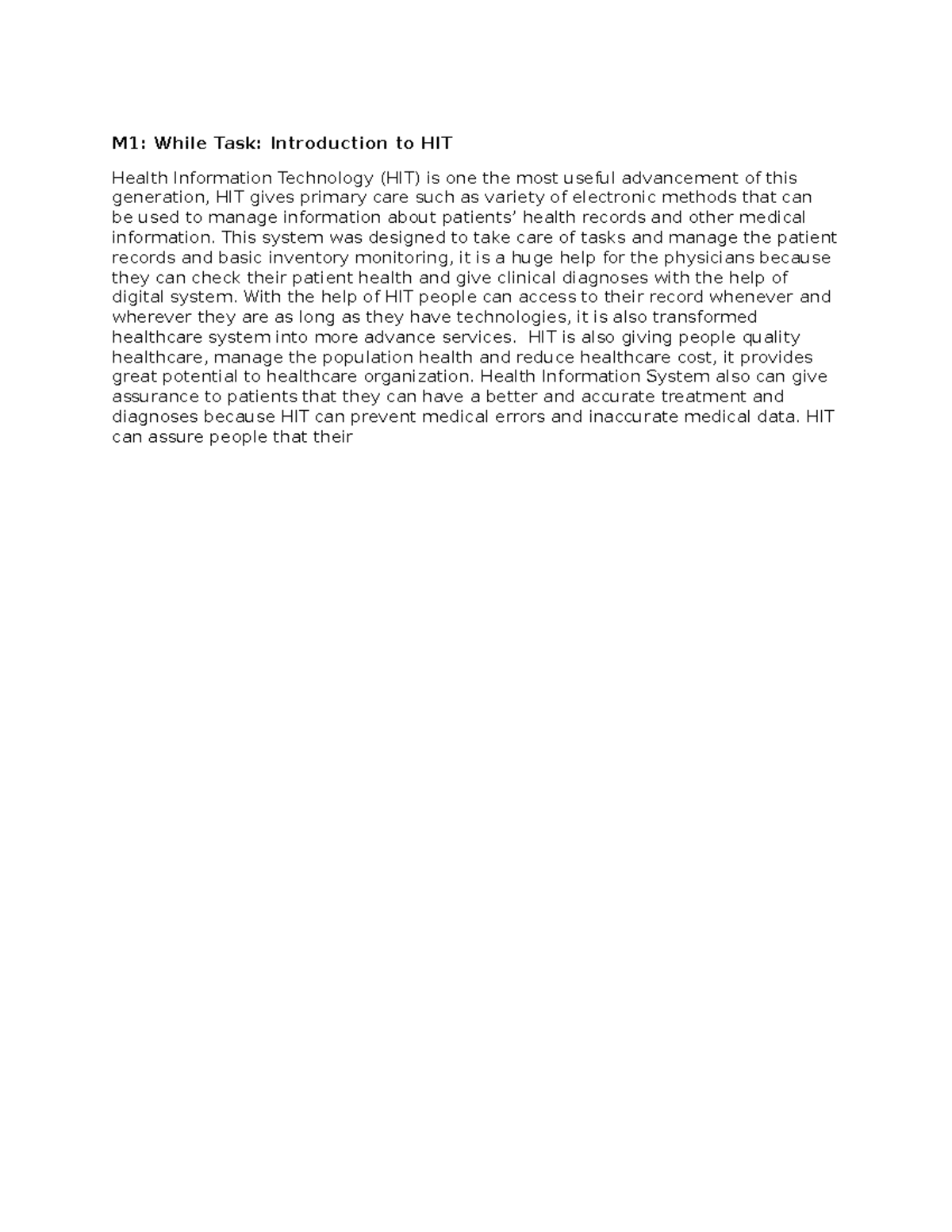 Introduction health info - M1: While Task: Introduction to HIT Health ...