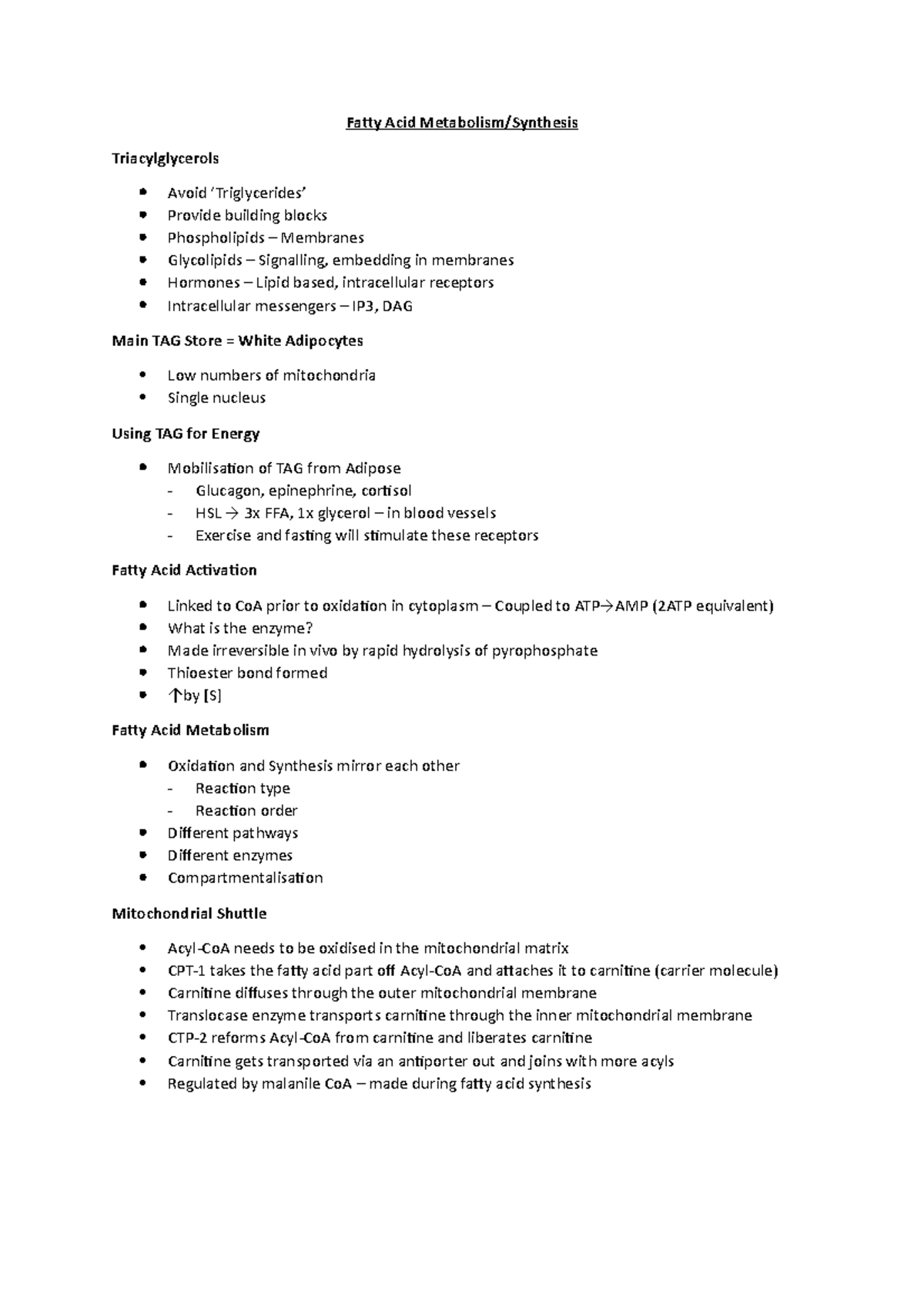 Fatty Acid Metabolism - Lecture notes 1 - Fatty Acid Metabolism ...