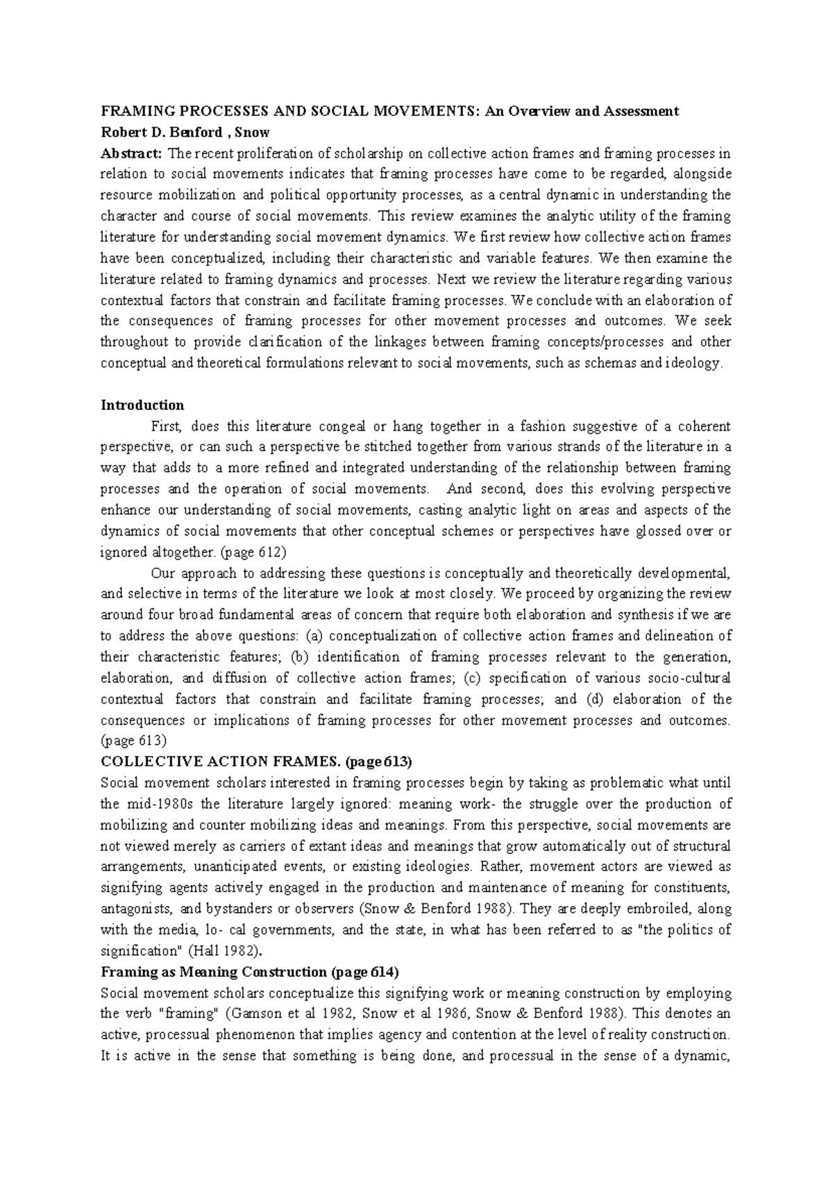 Framing Processes AND Social Movements An Overview and Assessment ...