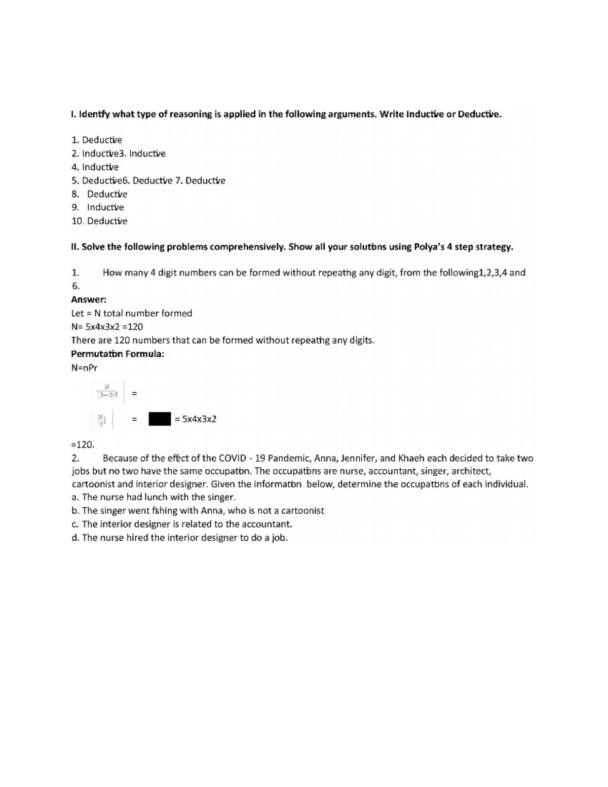 Math Exam Questions and Answer - I. Identify what type of reasoning is ...