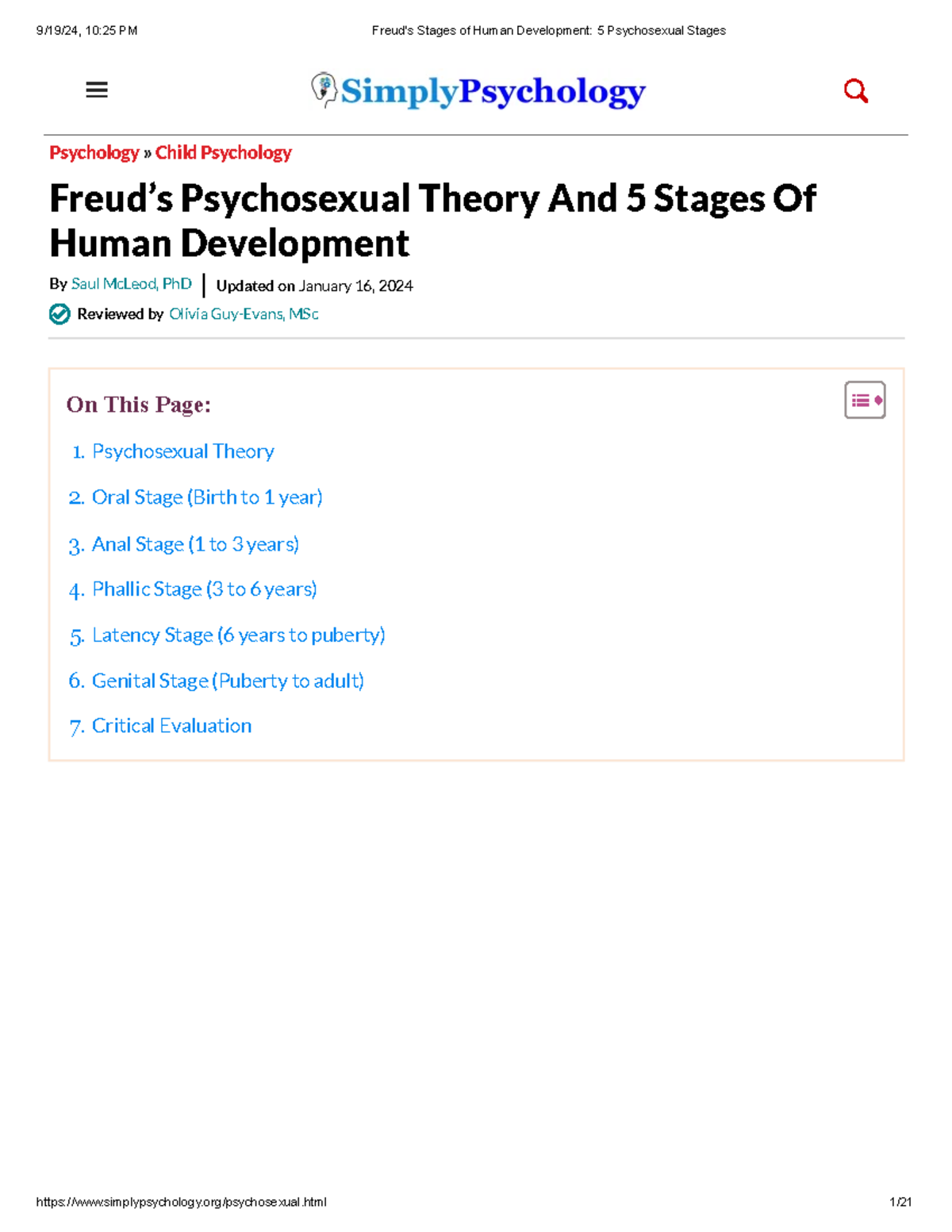 Topic 2.1 Freud's Stages of Human Development 5 Psychosexual Stages