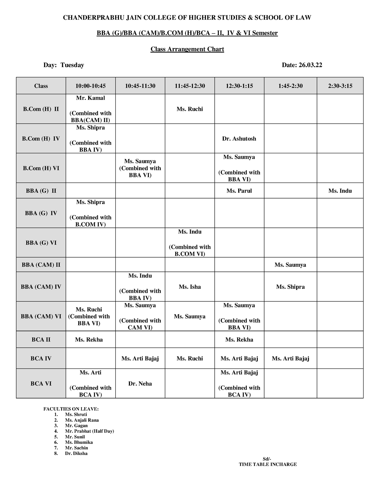 MCIT Arrangement Chart2 CHANDERPRABHU JAIN COLLEGE OF HIGHER STUDIES