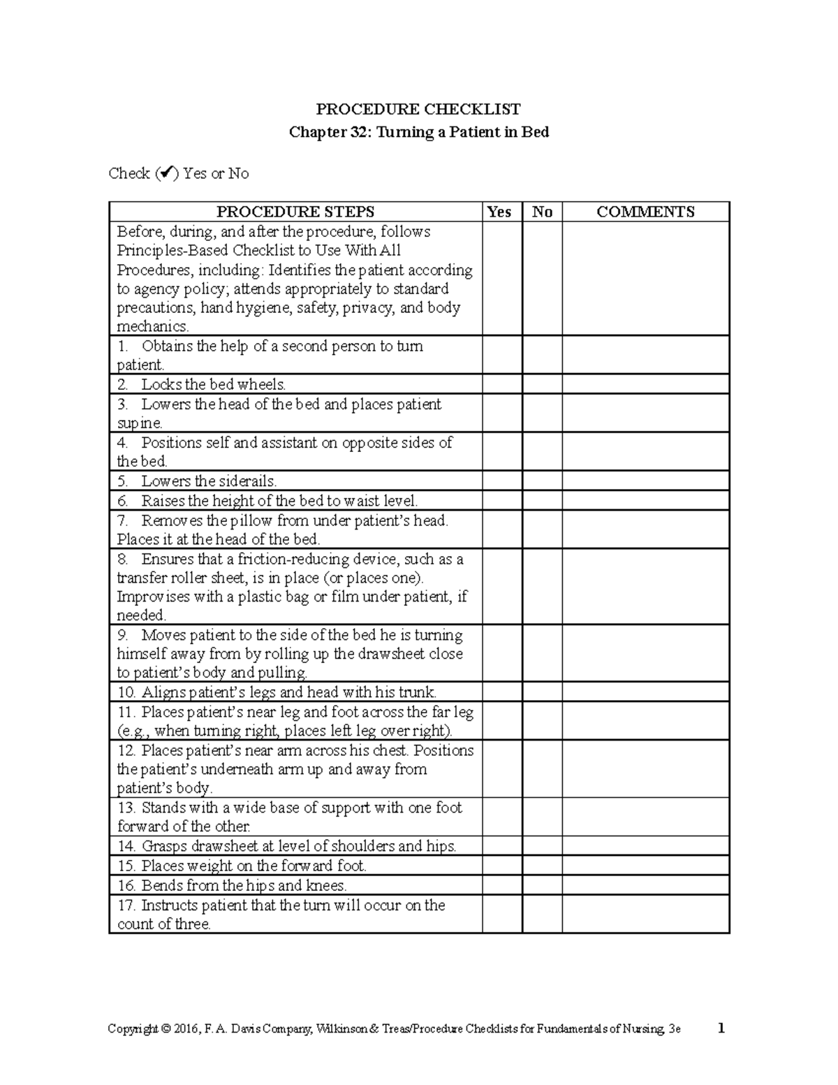 Ch32 Turning Patient in bed - PROCEDURE CHECKLIST Chapter 32: Turning a ...