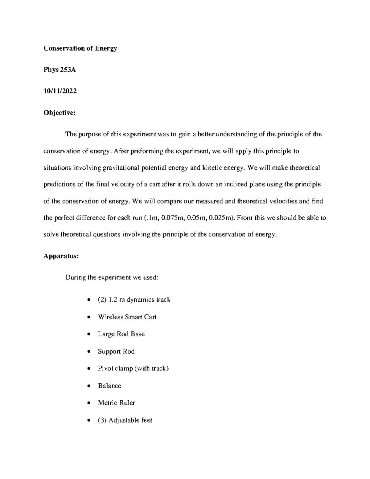 Lab 7 Phys Lab report on Conservation of Energy for physics lab